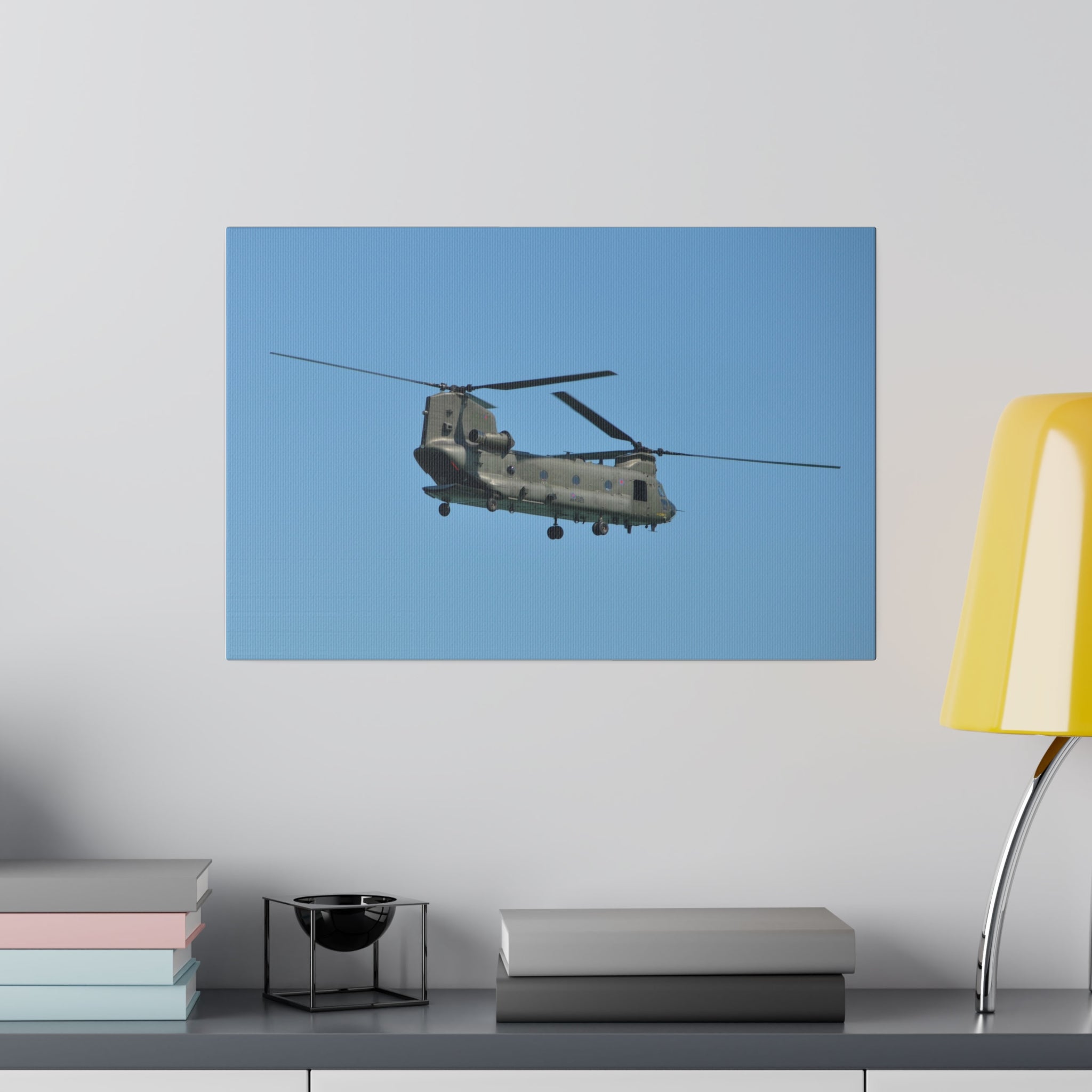 Chinook Helicopter Flying Cargo Door Open, Side View Canvas - The Trio Synergize Group