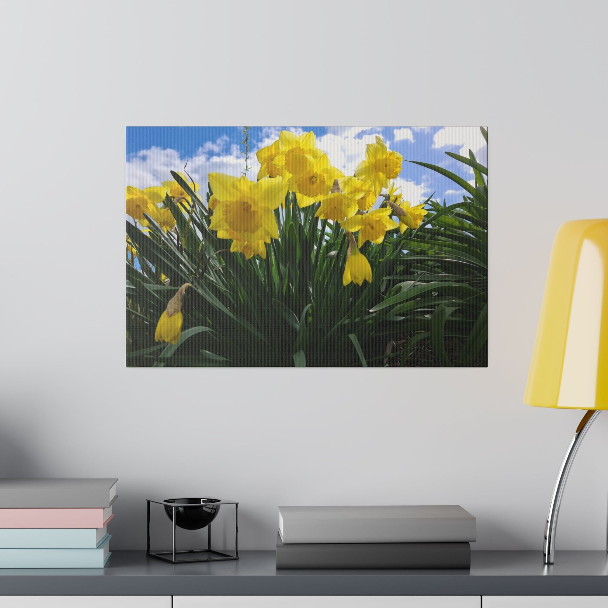 Yellow Daffodils Close Up With Blue Sky And Clouds Canvas - The Trio Synergize Group