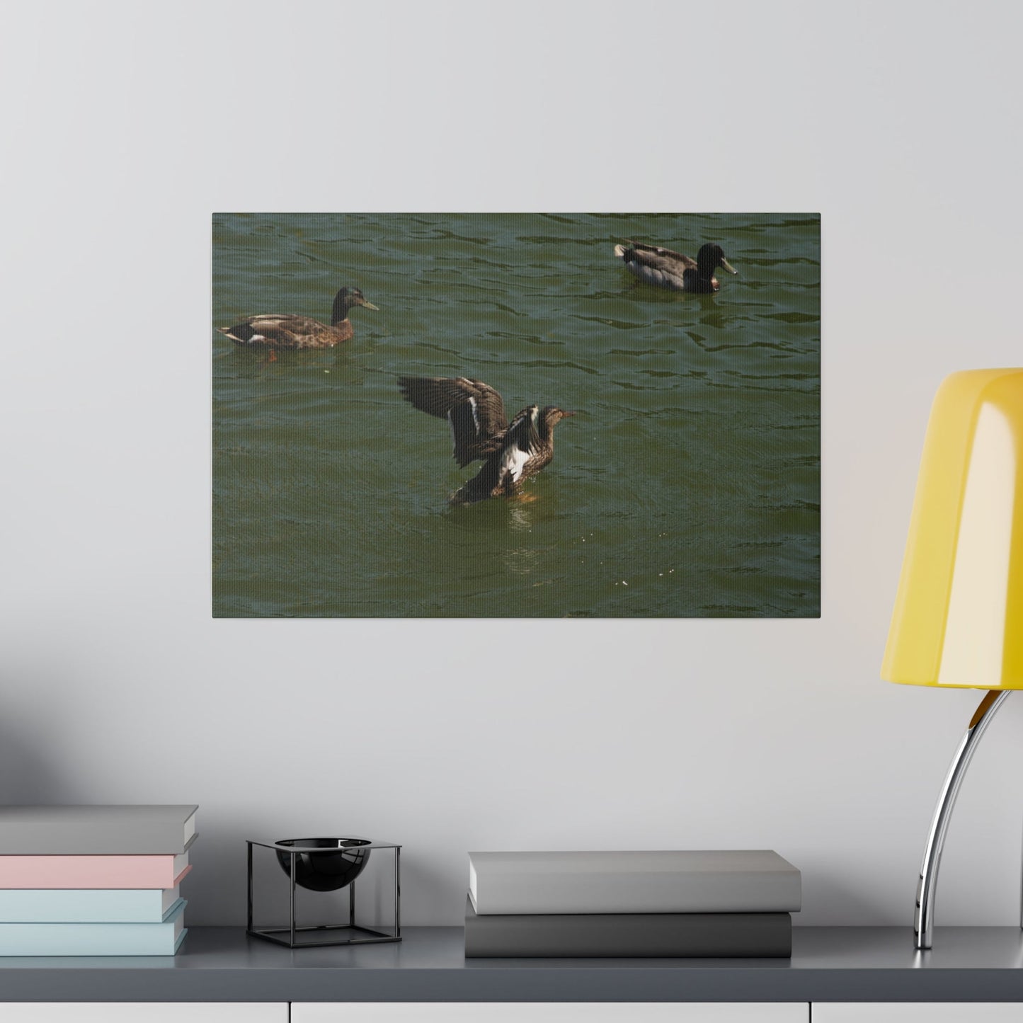 Three Ducks In Water, One With Open Wings Canvas - The Trio Synergize Group