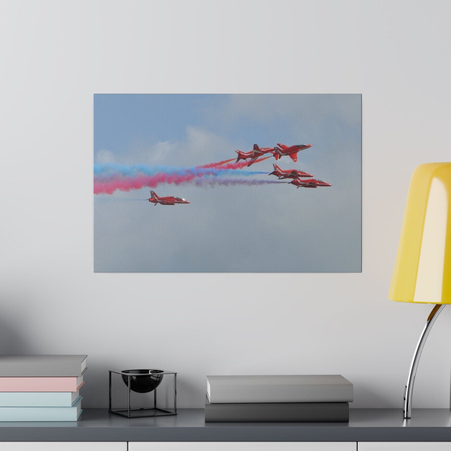 Red Arrows Close Together, Colourful Smoke, Close-Up Canvas - The Trio Synergize Group