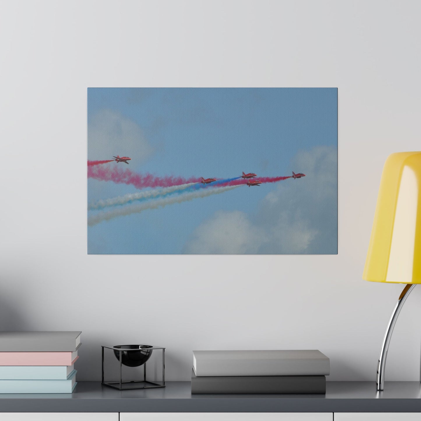 The Red Arrows Flying In Line, Multicoloured Smoke Canvas - The Trio Synergize Group