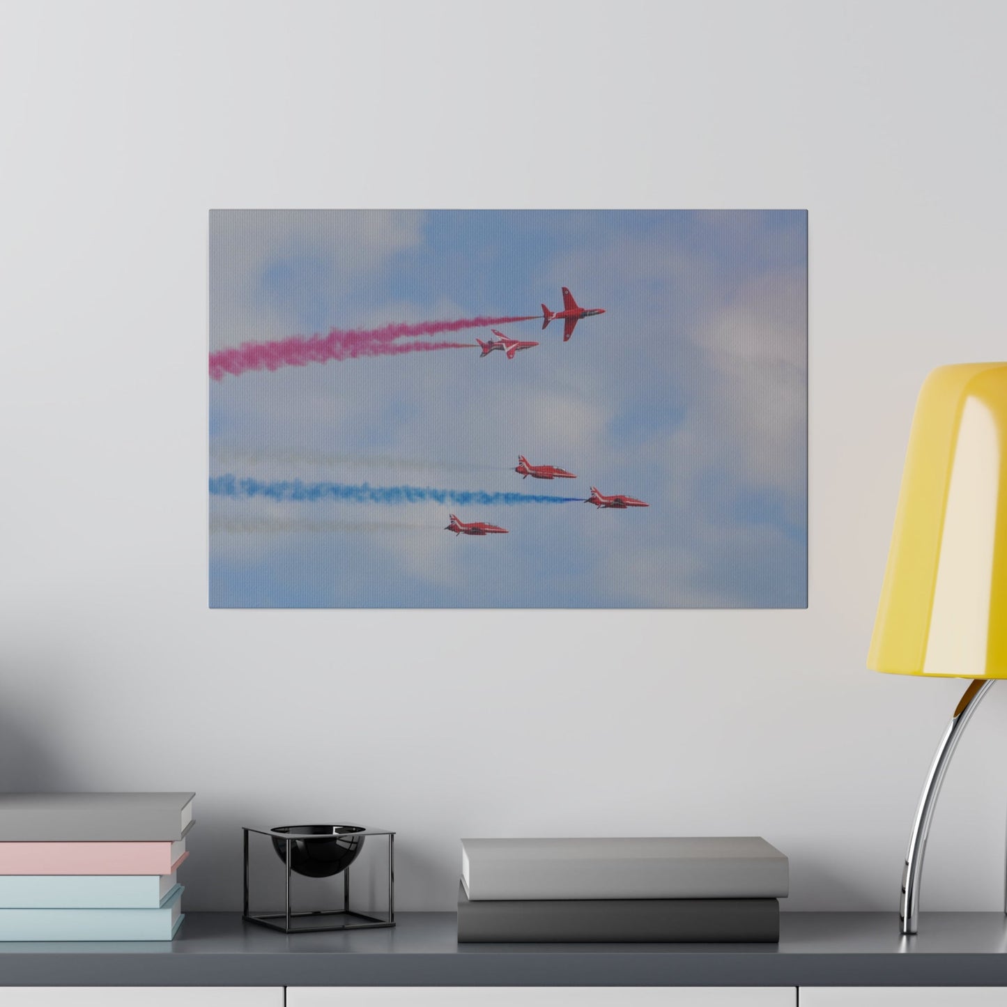 Red Arrows Three Flight Straight, Two Looping Around Canvas - The Trio Synergize Group