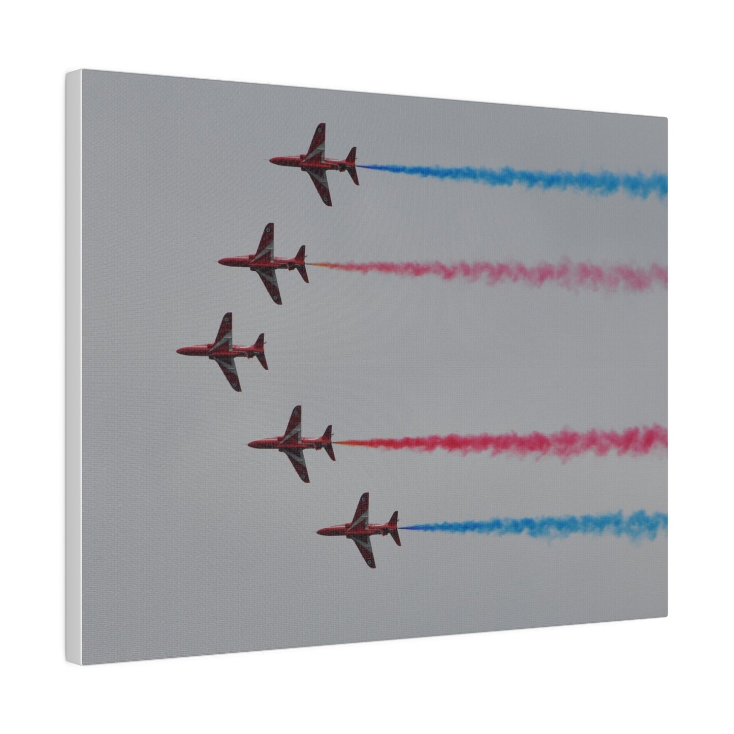 Five Red Arrows Flying From The Right In Formation Sideways, Two With Blue Smoke And Two With Red Smoke, Matte Canvas, Stretched, 0.75" - The Trio Synergize Group