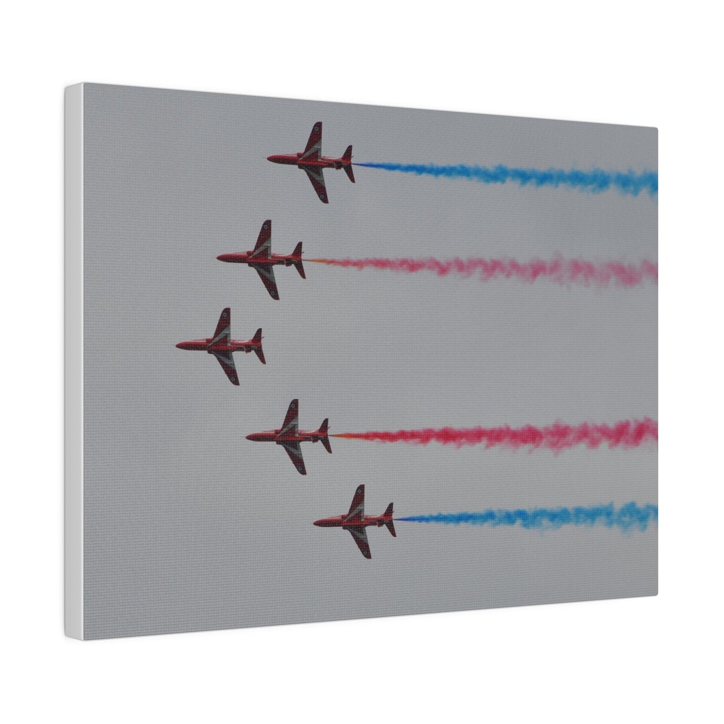 Five Red Arrows Flying From The Right In Formation Sideways, Two With Blue Smoke And Two With Red Smoke, Matte Canvas, Stretched, 0.75" - The Trio Synergize Group