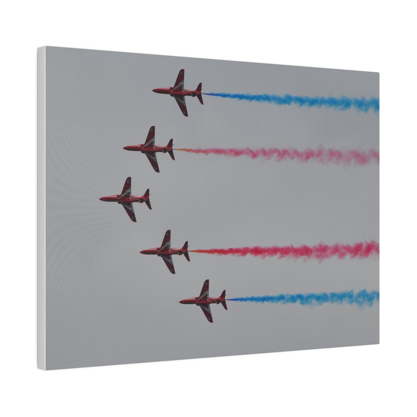 Five Red Arrows Flying From The Right In Formation Sideways, Two With Blue Smoke And Two With Red Smoke, Matte Canvas, Stretched, 0.75" - The Trio Synergize Group