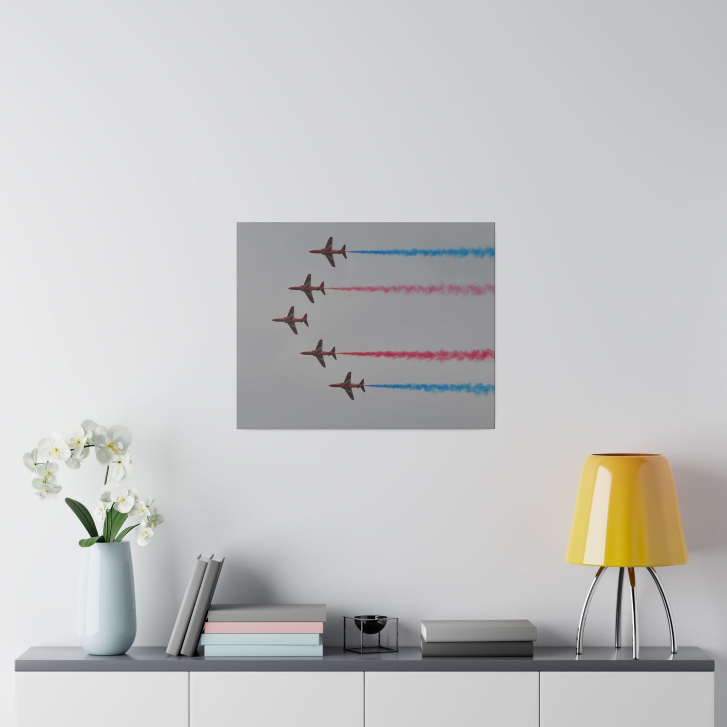 Five Red Arrows Flying From The Right In Formation Sideways, Two With Blue Smoke And Two With Red Smoke, Matte Canvas, Stretched, 0.75" - The Trio Synergize Group