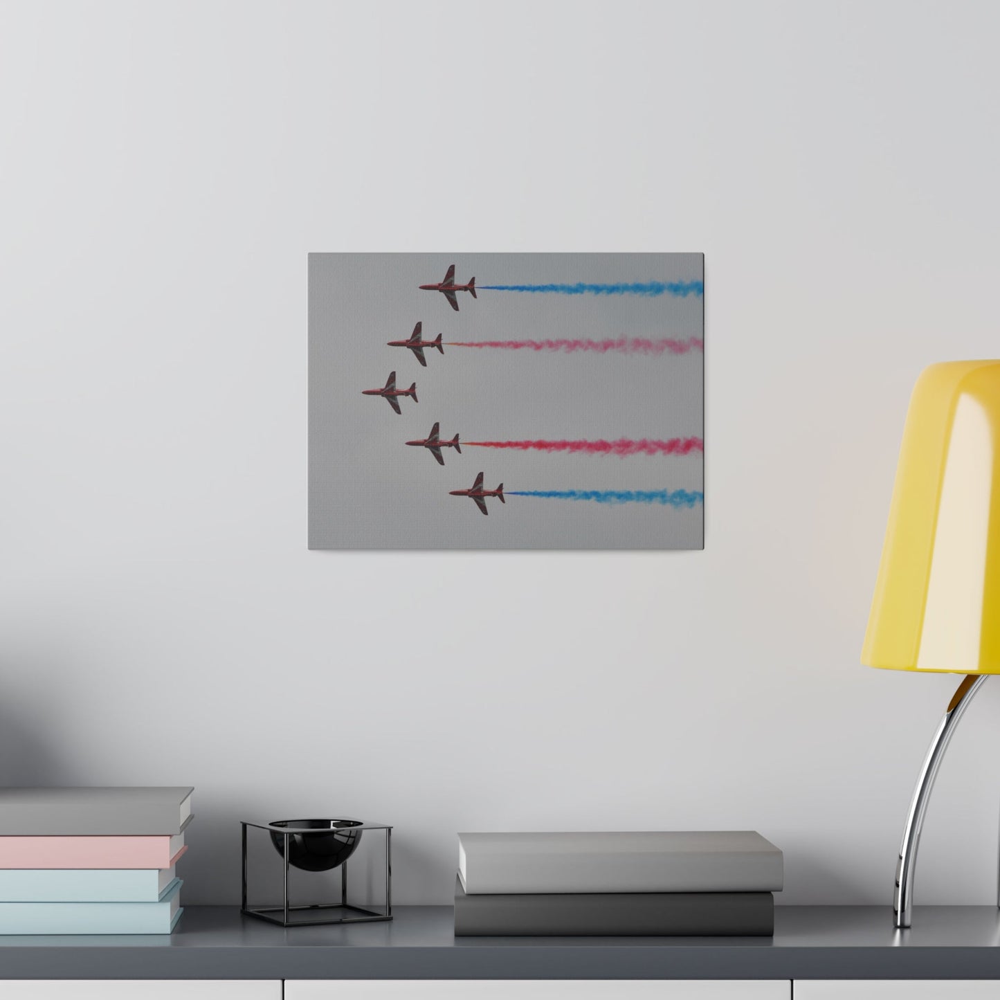 Five Red Arrows Flying From The Right In Formation Sideways, Two With Blue Smoke And Two With Red Smoke, Matte Canvas, Stretched, 0.75" - The Trio Synergize Group