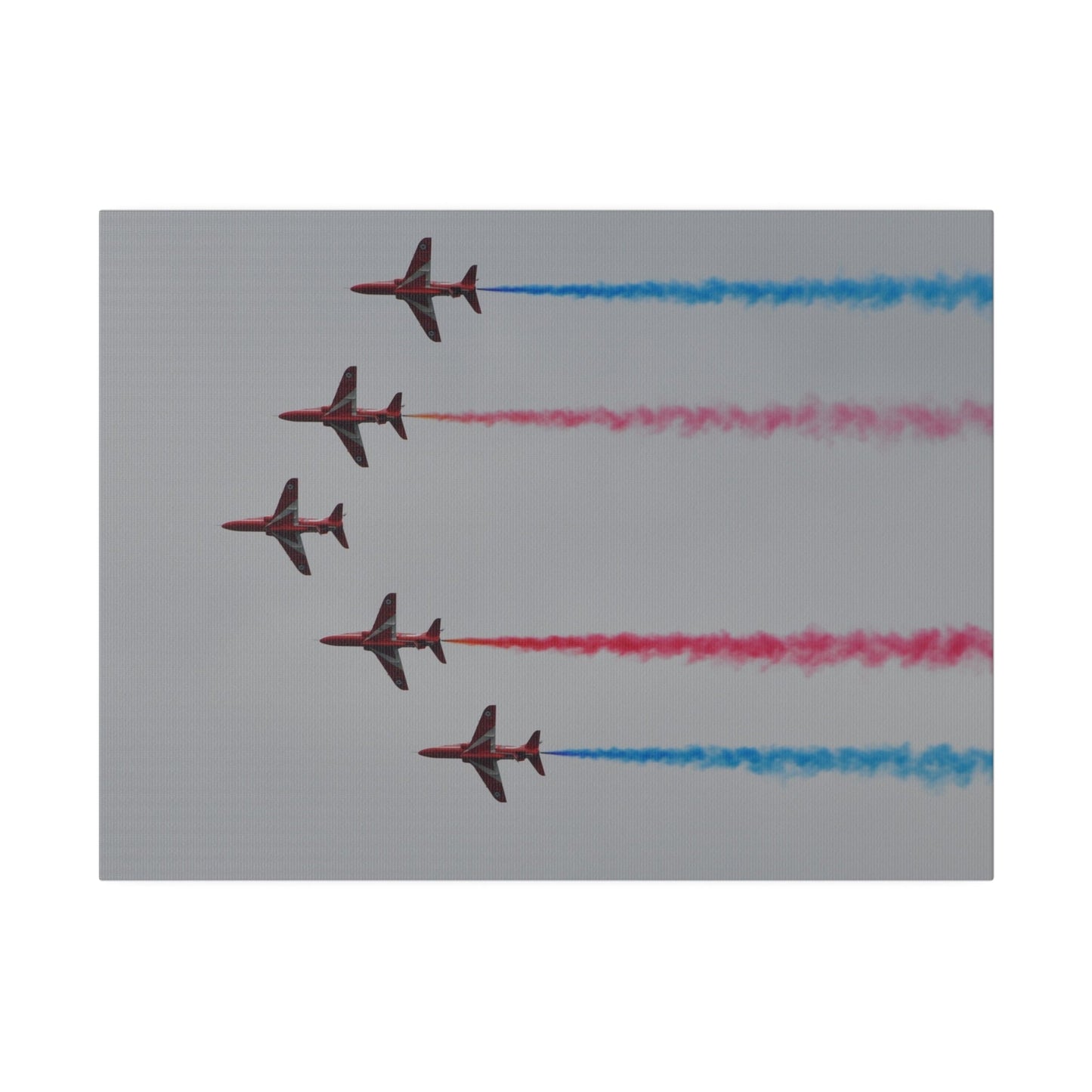 Five Red Arrows Flying From The Right In Formation Sideways, Two With Blue Smoke And Two With Red Smoke, Matte Canvas, Stretched, 0.75" - The Trio Synergize Group