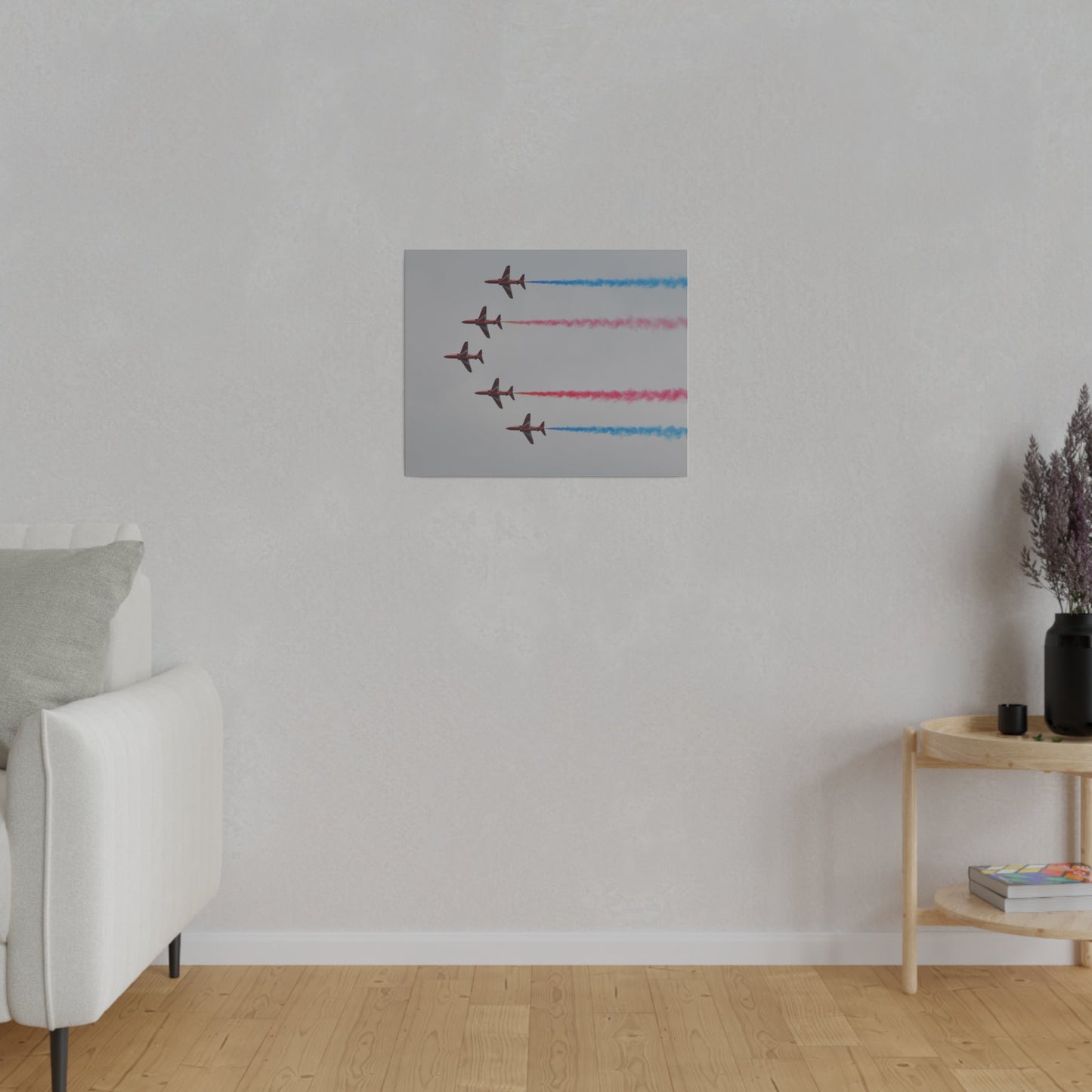 Five Red Arrows Flying From The Right In Formation Sideways, Two With Blue Smoke And Two With Red Smoke, Matte Canvas, Stretched, 0.75" - The Trio Synergize Group