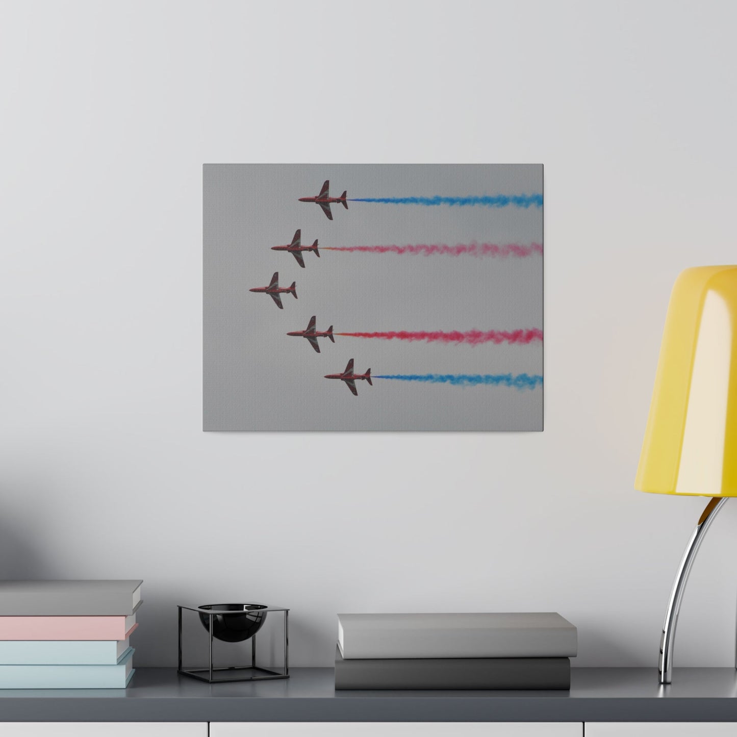 Five Red Arrows Flying From The Right In Formation Sideways, Two With Blue Smoke And Two With Red Smoke, Matte Canvas, Stretched, 0.75" - The Trio Synergize Group