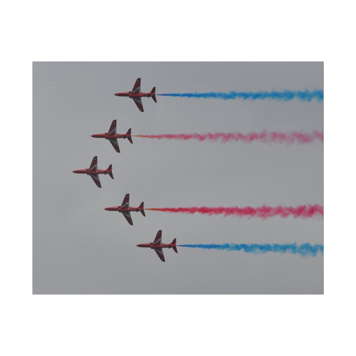Five Red Arrows Flying From The Right In Formation Sideways, Two With Blue Smoke And Two With Red Smoke, Matte Canvas, Stretched, 0.75" - The Trio Synergize Group