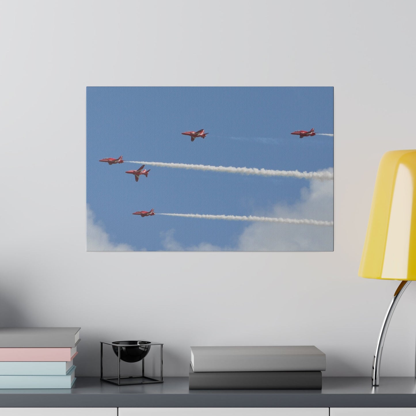 Red Arrows Flying Left With White Smoke Side View Canvas - The Trio Synergize Group