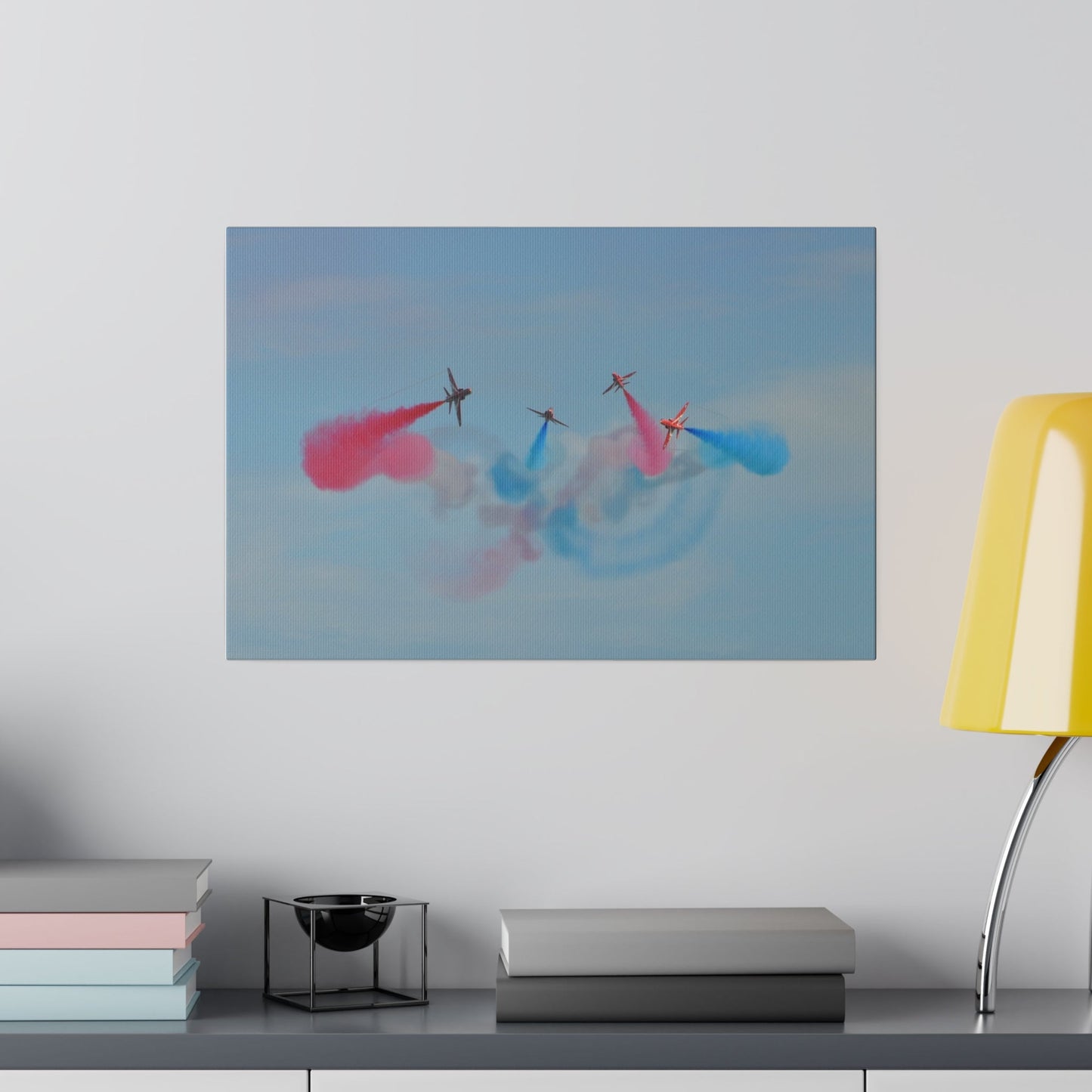 Red Arrows Cross Over Canvas: Colourful Smoke Fun Print - The Trio Synergize Group