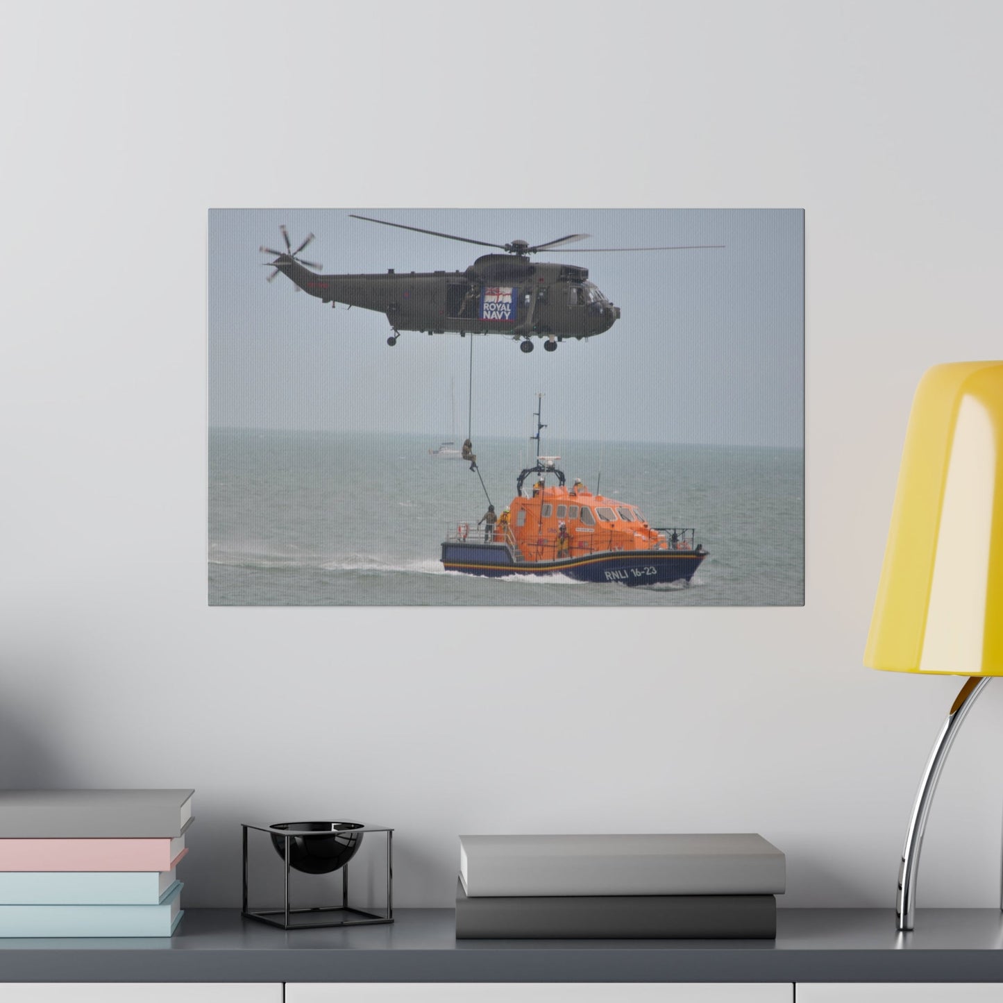 Sea King Helicopter Roping Crew Onto An RNLI Lifeboat Canvas - The Trio Synergize Group