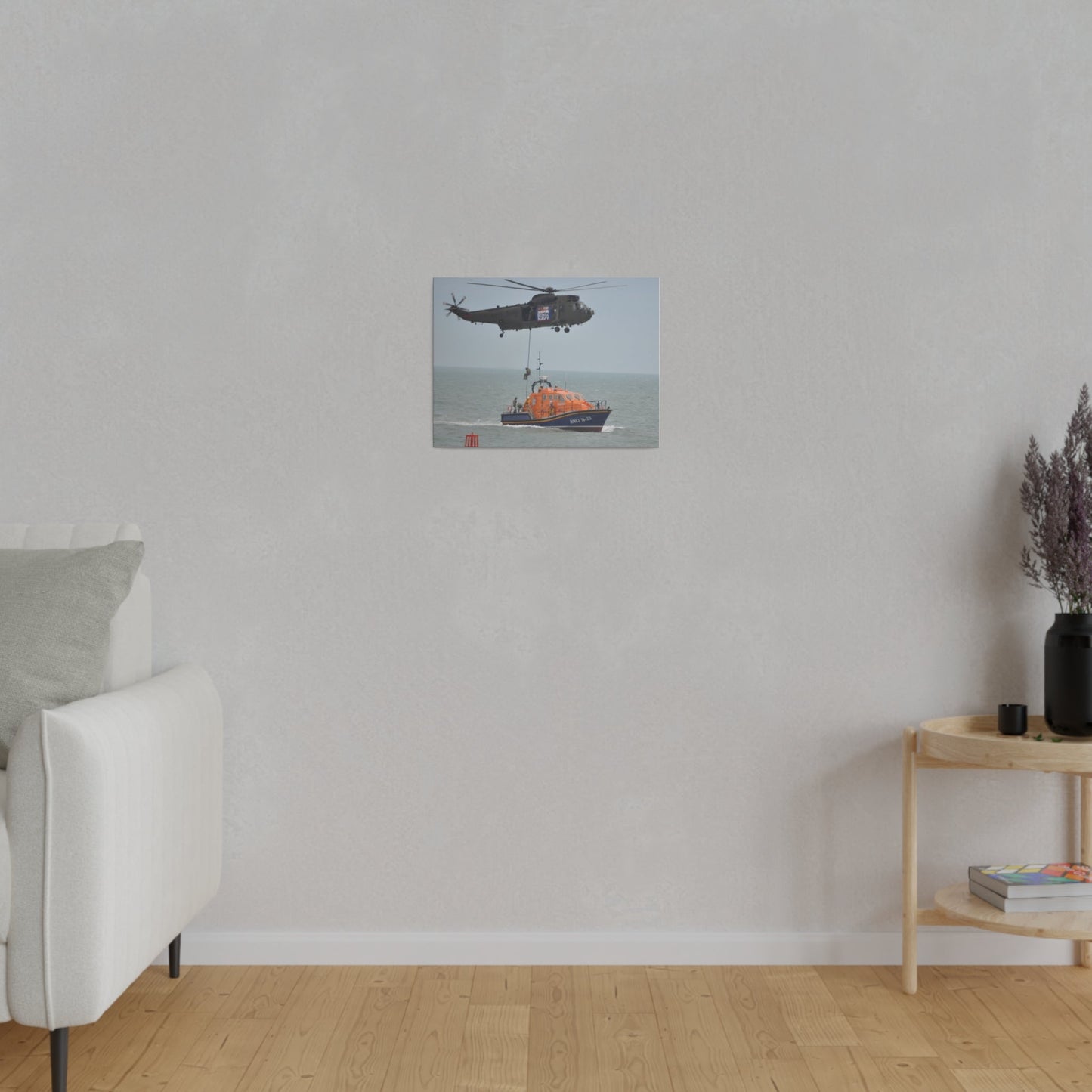 Sea King Helicopter Roping Down Crew Onto The RNLI Lifeboat, Matte Canvas, Stretched, 0.75" - The Trio Synergize Group