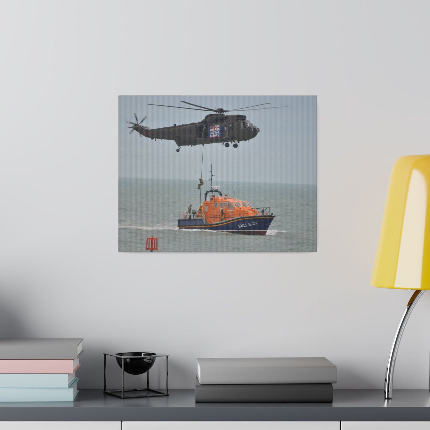 Sea King Helicopter Roping Down Crew Onto The RNLI Lifeboat, Matte Canvas, Stretched, 0.75" - The Trio Synergize Group