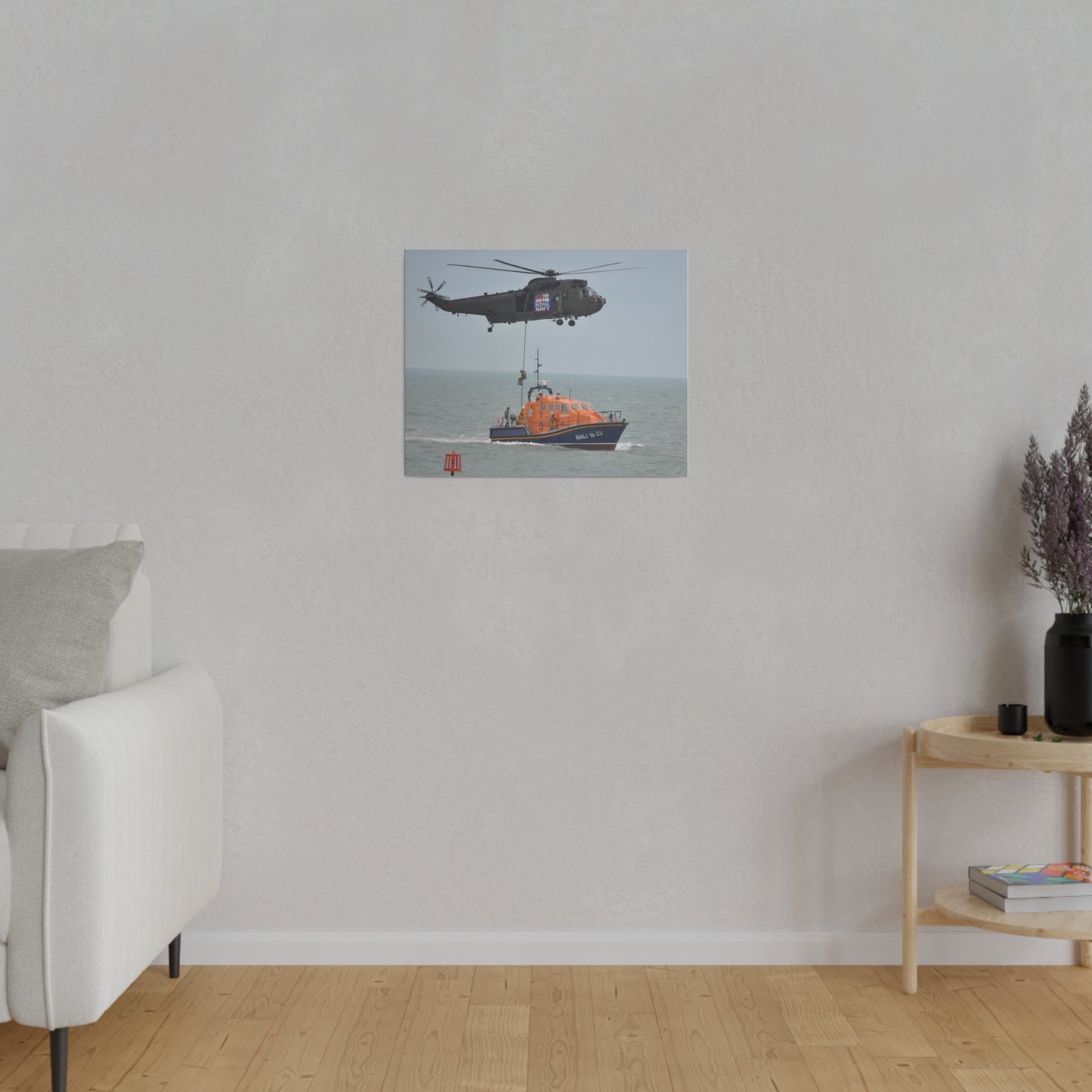 Sea King Helicopter Roping Down Crew Onto The RNLI Lifeboat, Matte Canvas, Stretched, 0.75" - The Trio Synergize Group