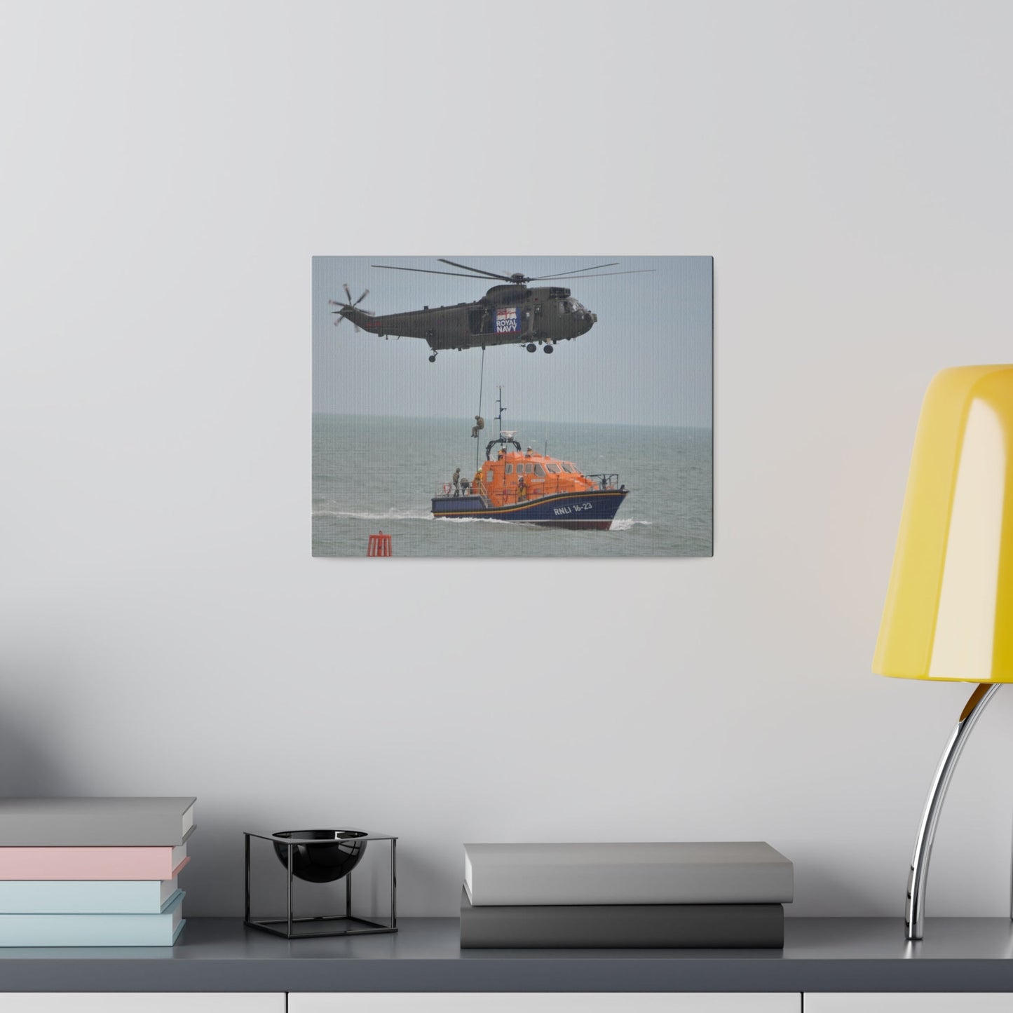 Sea King Helicopter Roping Down Crew Onto The RNLI Lifeboat, Matte Canvas, Stretched, 0.75" - The Trio Synergize Group