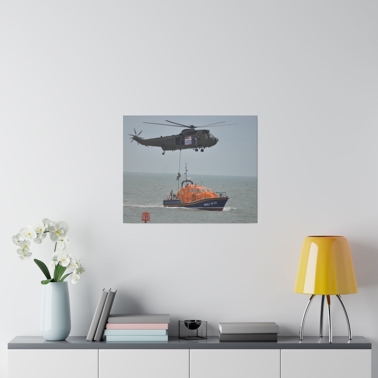 Sea King Helicopter Roping Down Crew Onto The RNLI Lifeboat, Matte Canvas, Stretched, 0.75" - The Trio Synergize Group
