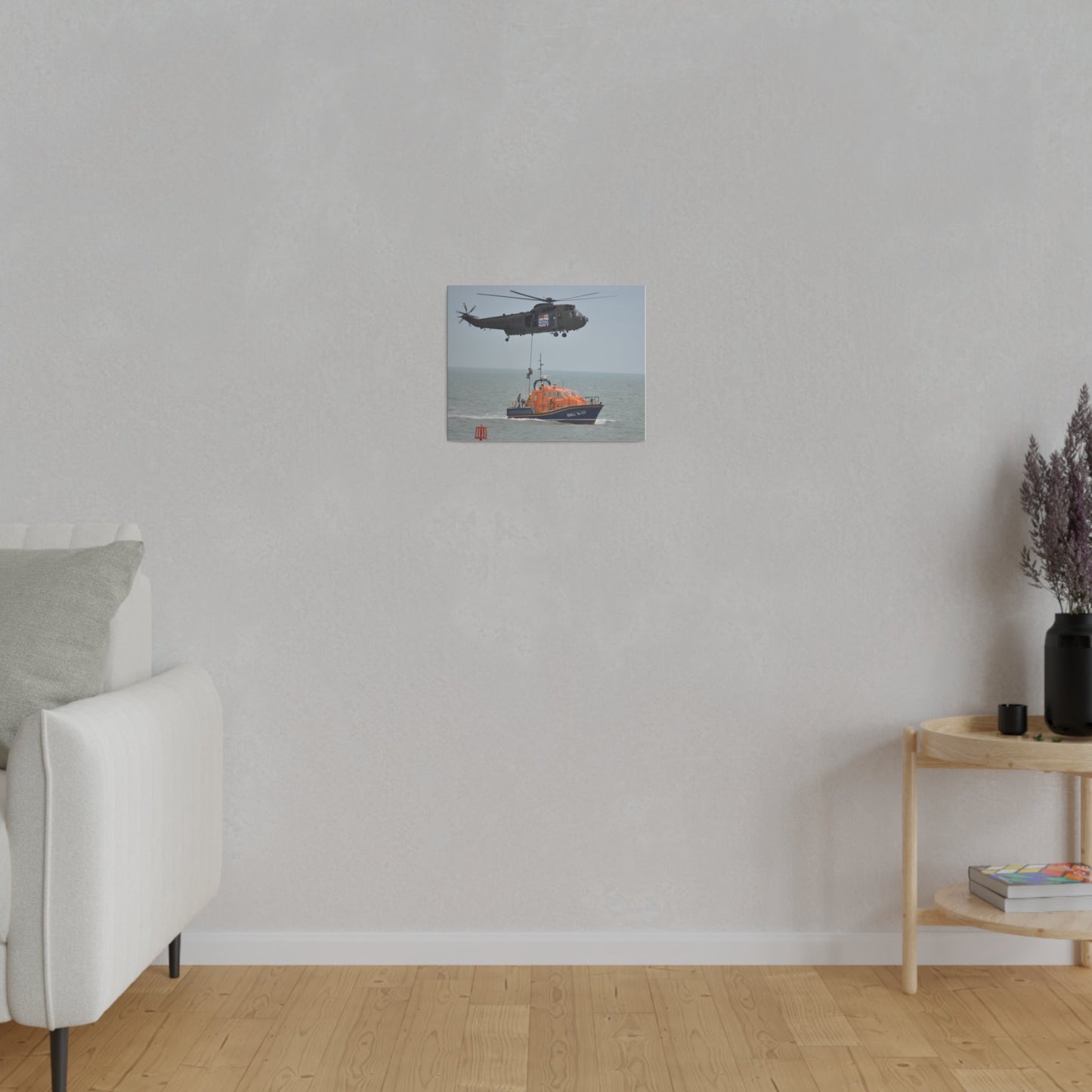 Sea King Helicopter Roping Down Crew Onto The RNLI Lifeboat, Matte Canvas, Stretched, 0.75" - The Trio Synergize Group