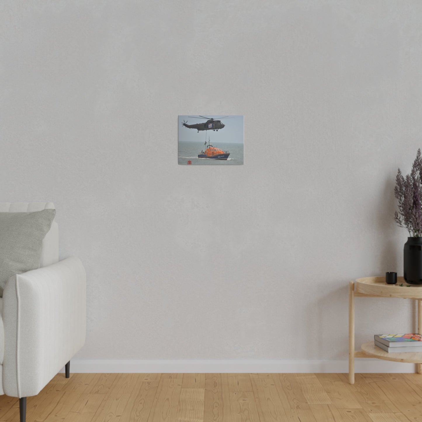 Sea King Helicopter Roping Down Crew Onto The RNLI Lifeboat, Matte Canvas, Stretched, 0.75" - The Trio Synergize Group