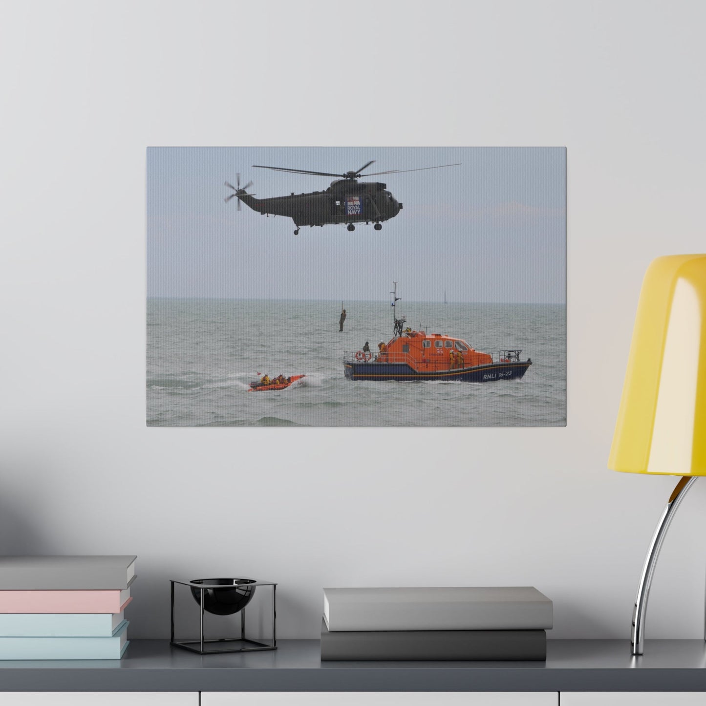 Sea King Helicopter Winching Crew Off RNLI Lifeboats Canvas - The Trio Synergize Group
