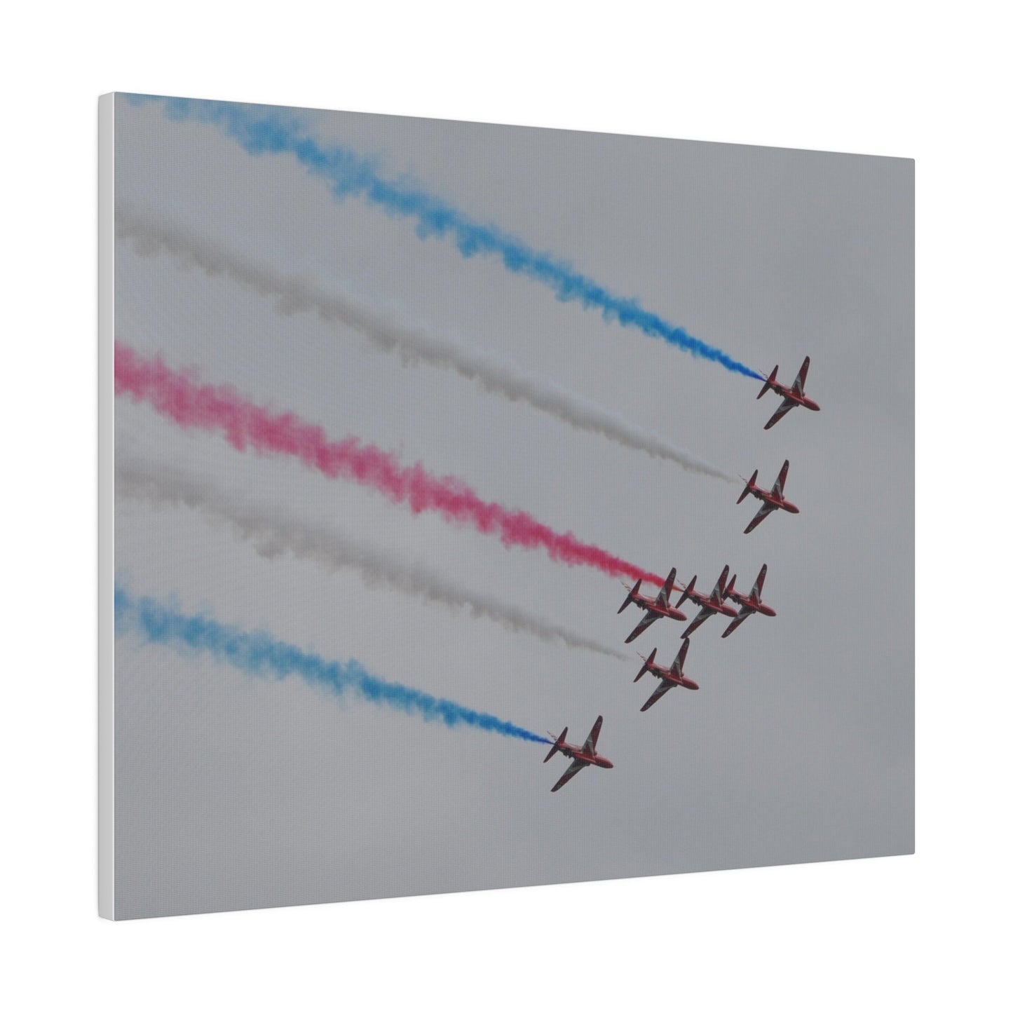 Seven Red Arrows Flying From The Left In Formation Banking Left, With Blue, White And Red Smoke Very Close Up Rear View, Matte Canvas, Stretched, 0.75" - The Trio Synergize Group