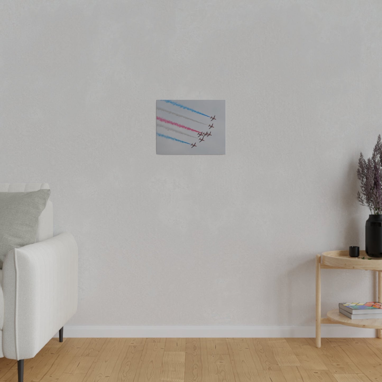 Seven Red Arrows Flying From The Left In Formation Banking Left, With Blue, White And Red Smoke Very Close Up Rear View, Matte Canvas, Stretched, 0.75" - The Trio Synergize Group