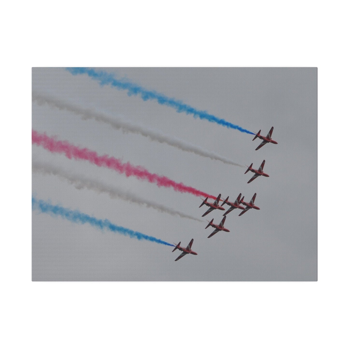 Seven Red Arrows Flying From The Left In Formation Banking Left, With Blue, White And Red Smoke Very Close Up Rear View, Matte Canvas, Stretched, 0.75" - The Trio Synergize Group