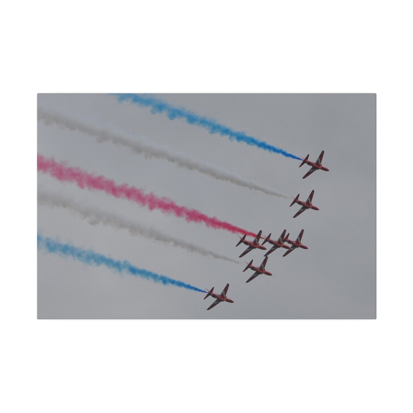 Seven Red Arrows Flying From The Left In Formation Banking Left, With Blue, White And Red Smoke Very Close Up Rear View, Matte Canvas, Stretched, 0.75" - The Trio Synergize Group
