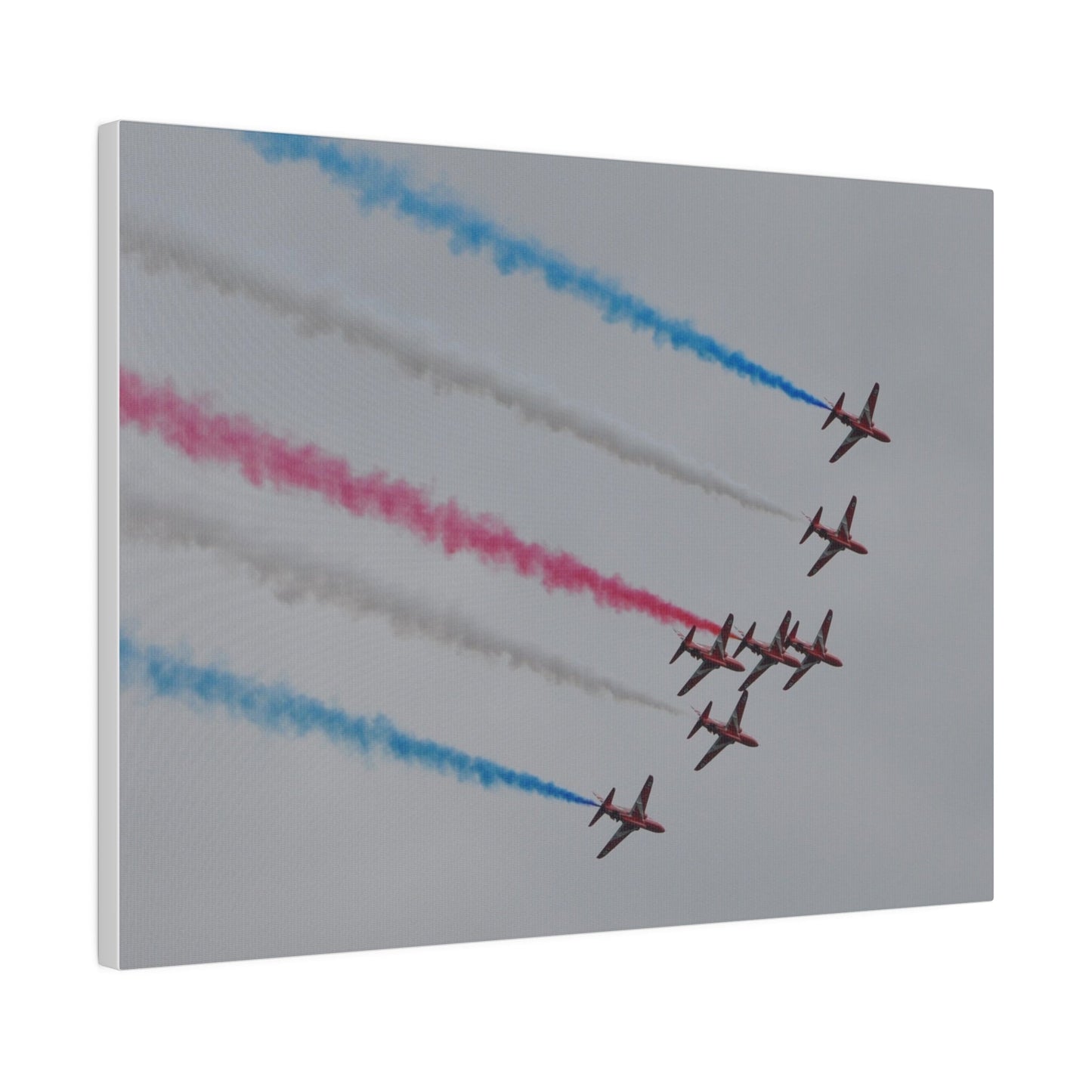 Seven Red Arrows Flying From The Left In Formation Banking Left, With Blue, White And Red Smoke Very Close Up Rear View, Matte Canvas, Stretched, 0.75" - The Trio Synergize Group