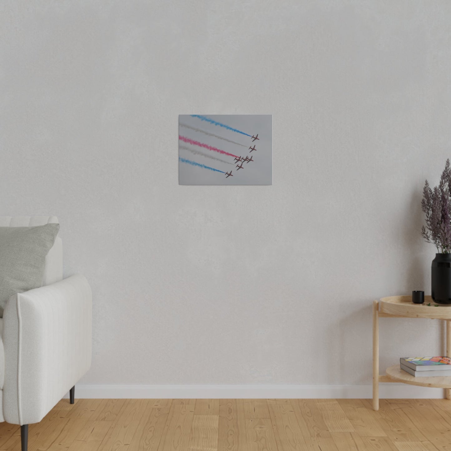 Seven Red Arrows Flying From The Left In Formation Banking Left, With Blue, White And Red Smoke Very Close Up Rear View, Matte Canvas, Stretched, 0.75" - The Trio Synergize Group