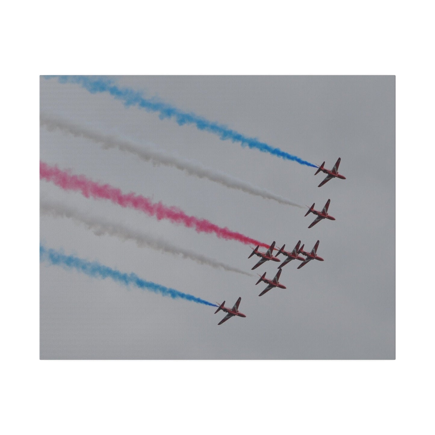 Seven Red Arrows Flying From The Left In Formation Banking Left, With Blue, White And Red Smoke Very Close Up Rear View, Matte Canvas, Stretched, 0.75" - The Trio Synergize Group