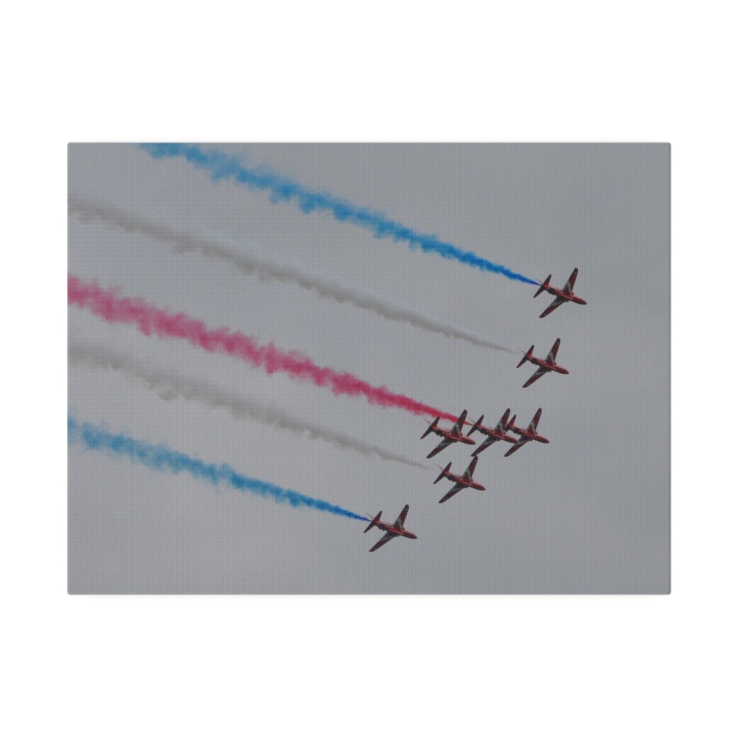 Seven Red Arrows Flying From The Left In Formation Banking Left, With Blue, White And Red Smoke Very Close Up Rear View, Matte Canvas, Stretched, 0.75" - The Trio Synergize Group