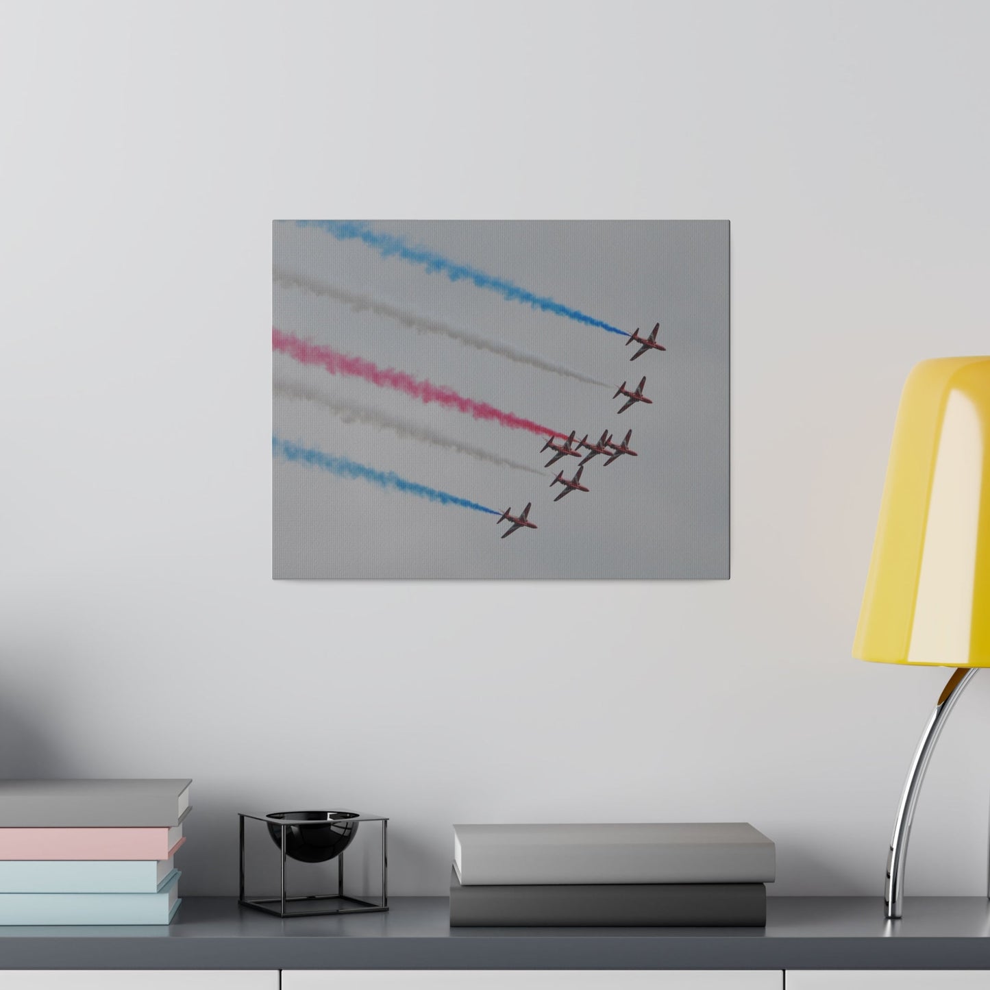 Seven Red Arrows Flying From The Left In Formation Banking Left, With Blue, White And Red Smoke Very Close Up Rear View, Matte Canvas, Stretched, 0.75" - The Trio Synergize Group