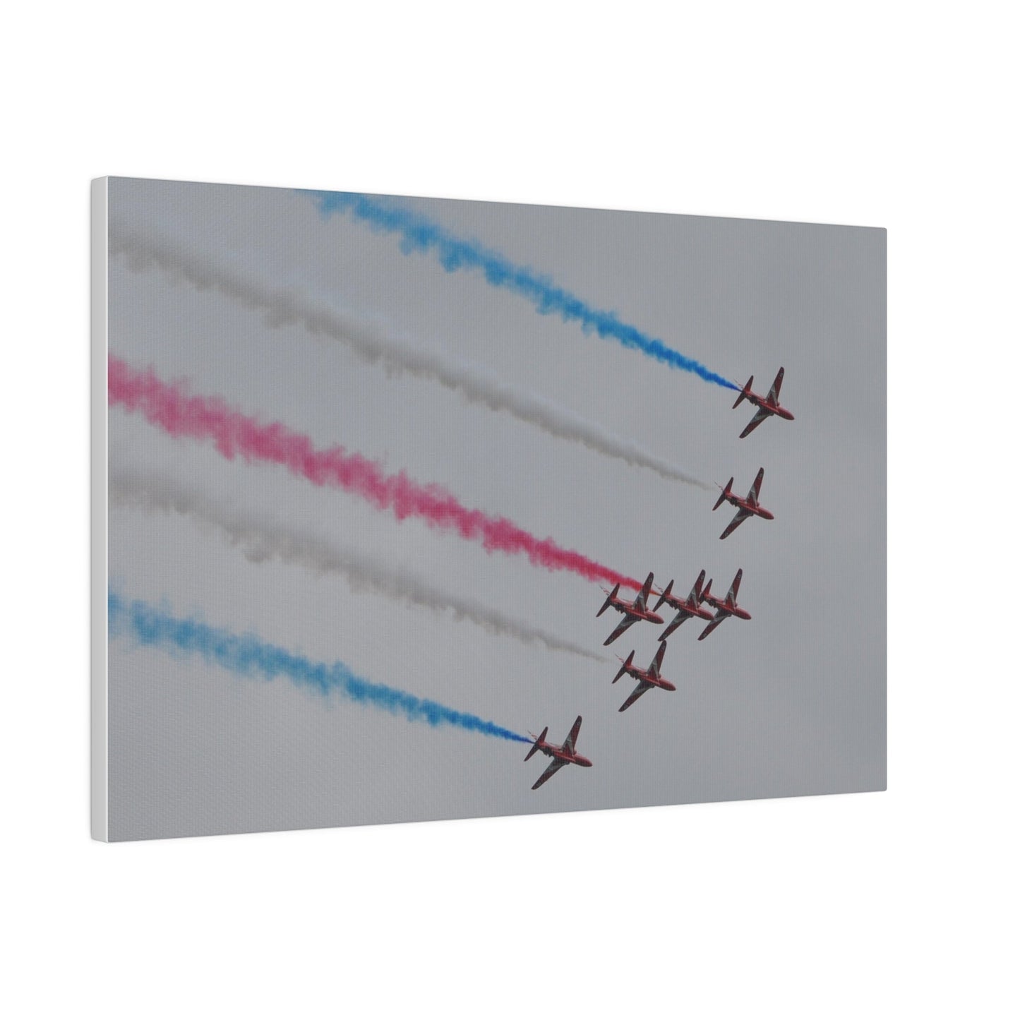 Seven Red Arrows Flying From The Left In Formation Banking Left, With Blue, White And Red Smoke Very Close Up Rear View, Matte Canvas, Stretched, 0.75" - The Trio Synergize Group