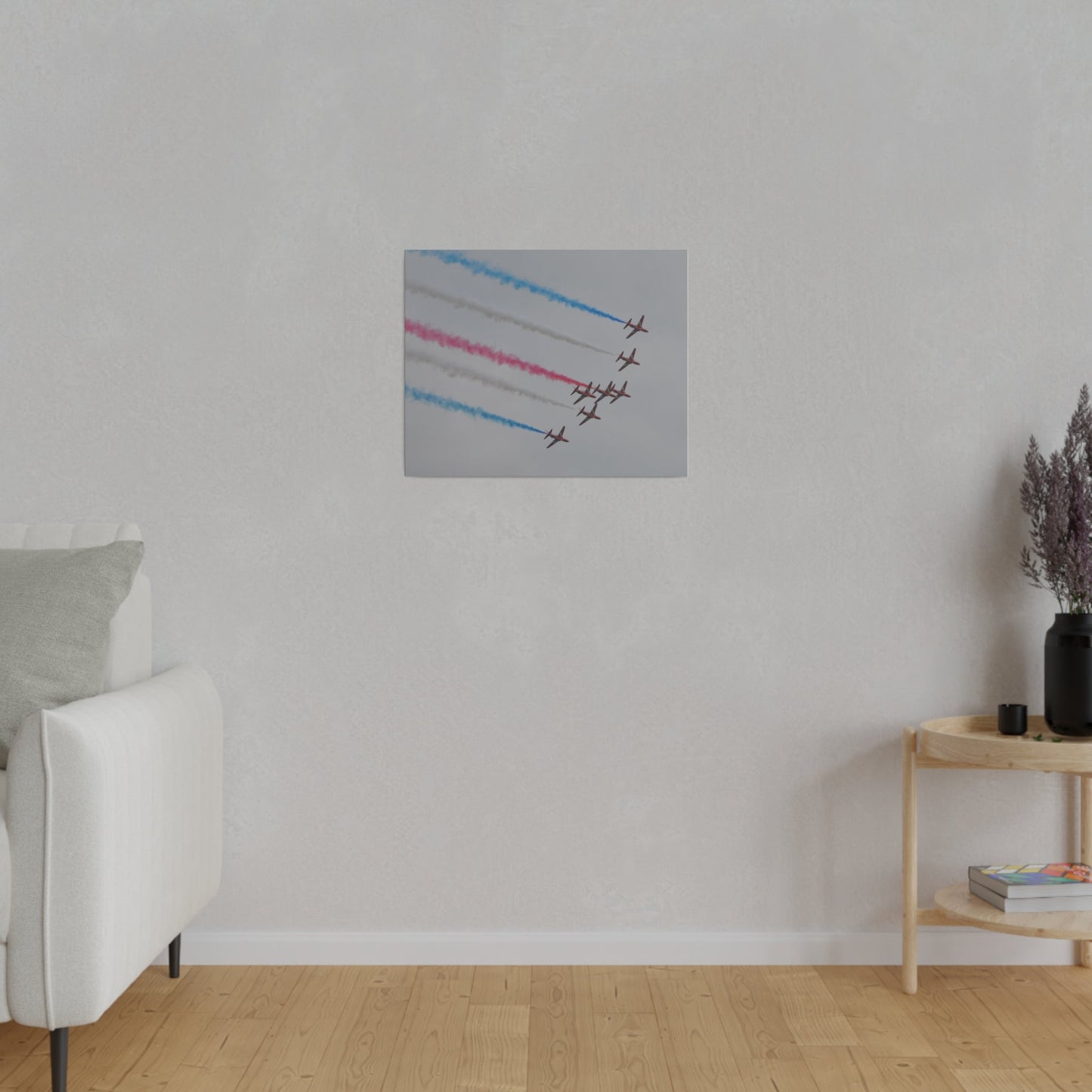 Seven Red Arrows Flying From The Left In Formation Banking Left, With Blue, White And Red Smoke Very Close Up Rear View, Matte Canvas, Stretched, 0.75" - The Trio Synergize Group