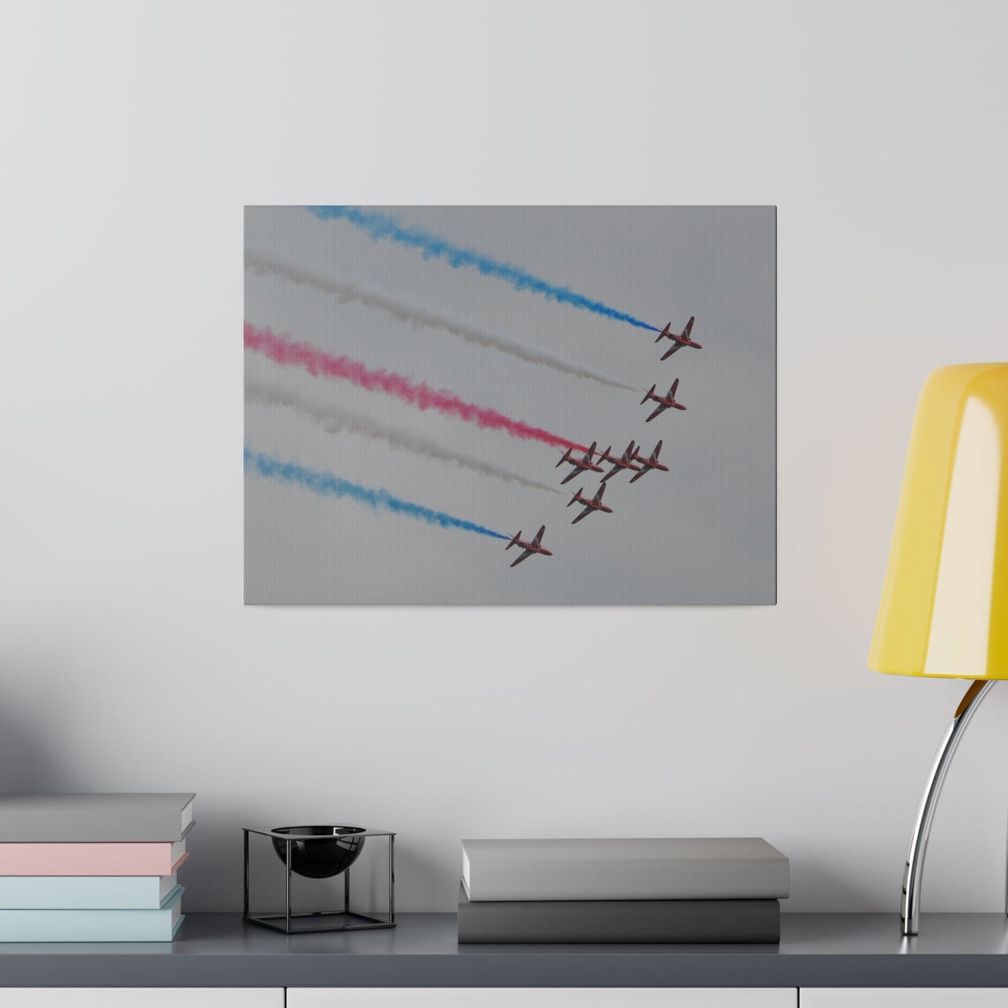 Seven Red Arrows Flying From The Left In Formation Banking Left, With Blue, White And Red Smoke Very Close Up Rear View, Matte Canvas, Stretched, 0.75" - The Trio Synergize Group