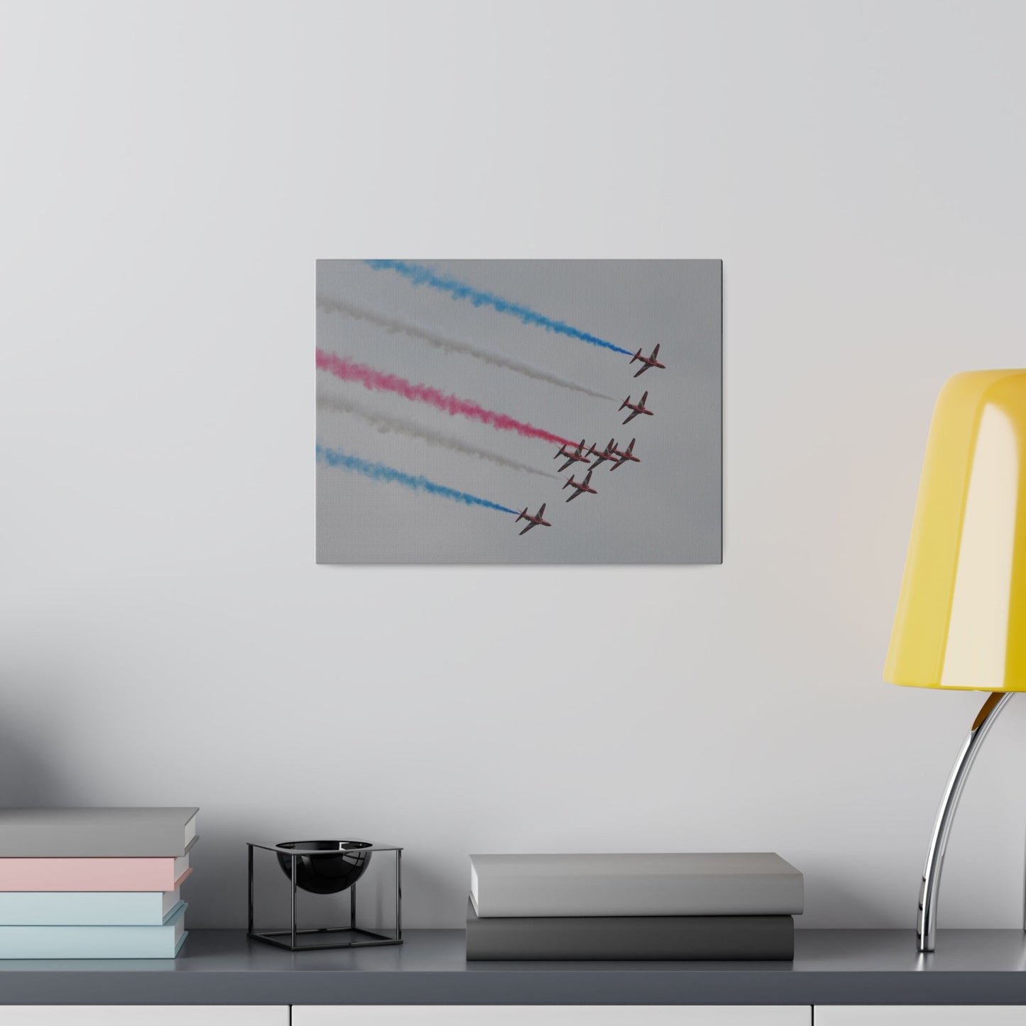 Seven Red Arrows Flying From The Left In Formation Banking Left, With Blue, White And Red Smoke Very Close Up Rear View, Matte Canvas, Stretched, 0.75" - The Trio Synergize Group