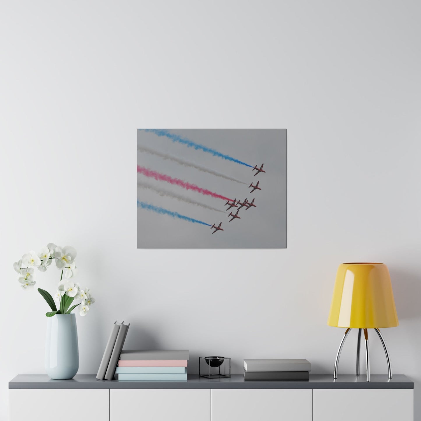 Seven Red Arrows Flying From The Left In Formation Banking Left, With Blue, White And Red Smoke Very Close Up Rear View, Matte Canvas, Stretched, 0.75" - The Trio Synergize Group