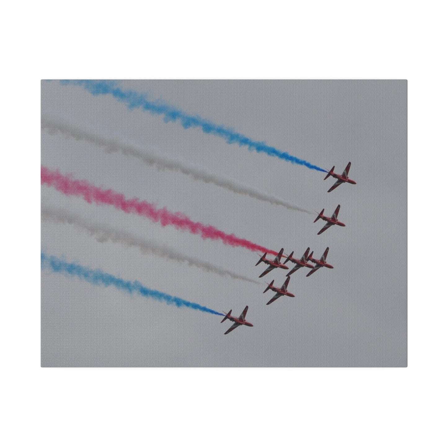 Seven Red Arrows Flying From The Left In Formation Banking Left, With Blue, White And Red Smoke Very Close Up Rear View, Matte Canvas, Stretched, 0.75" - The Trio Synergize Group