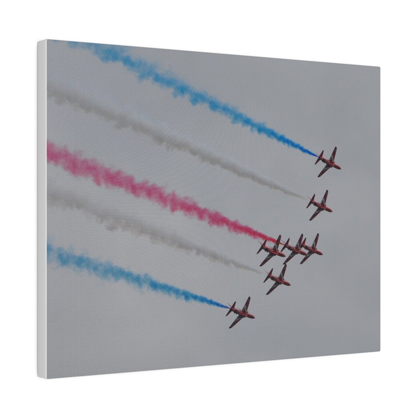 Seven Red Arrows Flying From The Left In Formation Banking Left, With Blue, White And Red Smoke Very Close Up Rear View, Matte Canvas, Stretched, 0.75" - The Trio Synergize Group