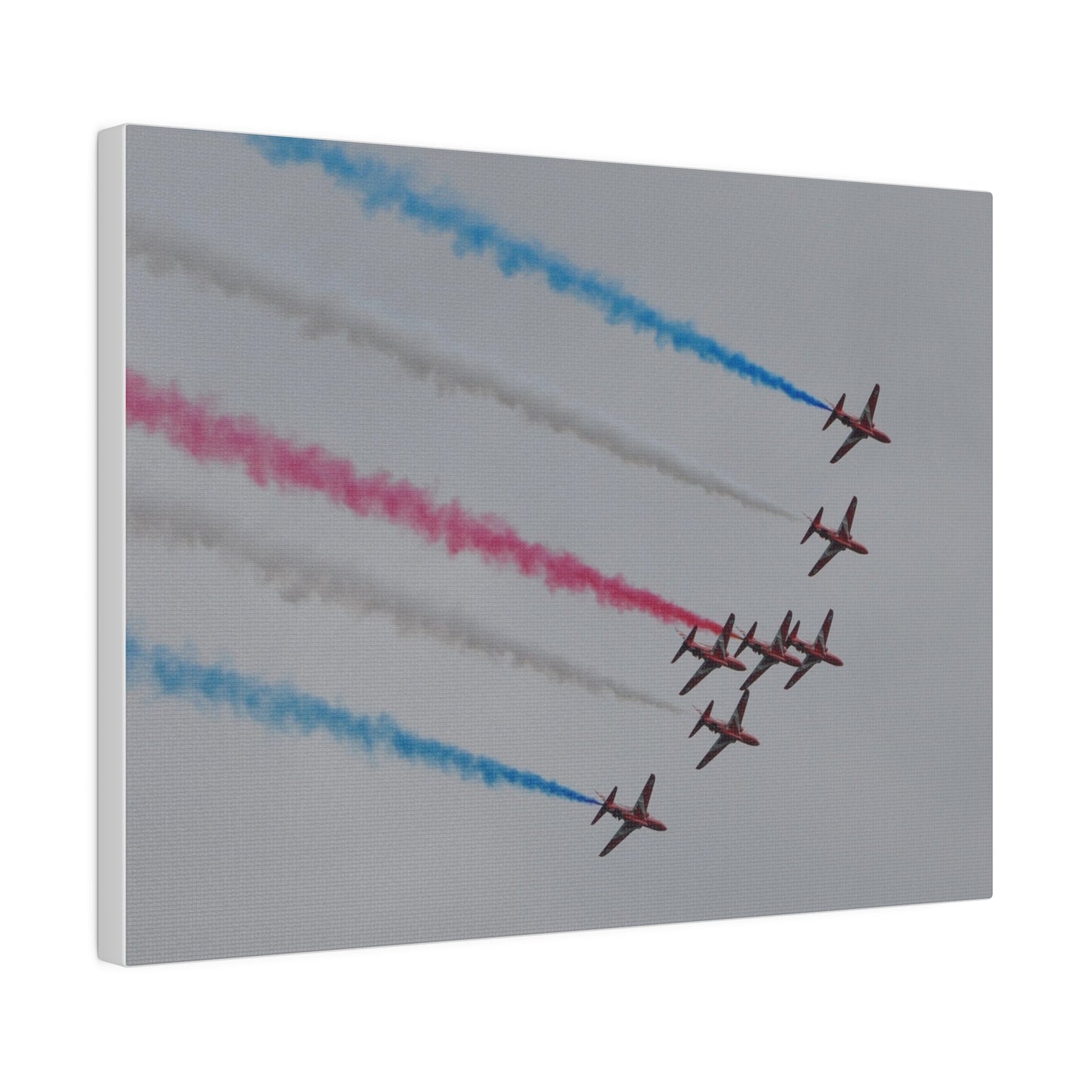 Seven Red Arrows Flying From The Left In Formation Banking Left, With Blue, White And Red Smoke Very Close Up Rear View, Matte Canvas, Stretched, 0.75" - The Trio Synergize Group