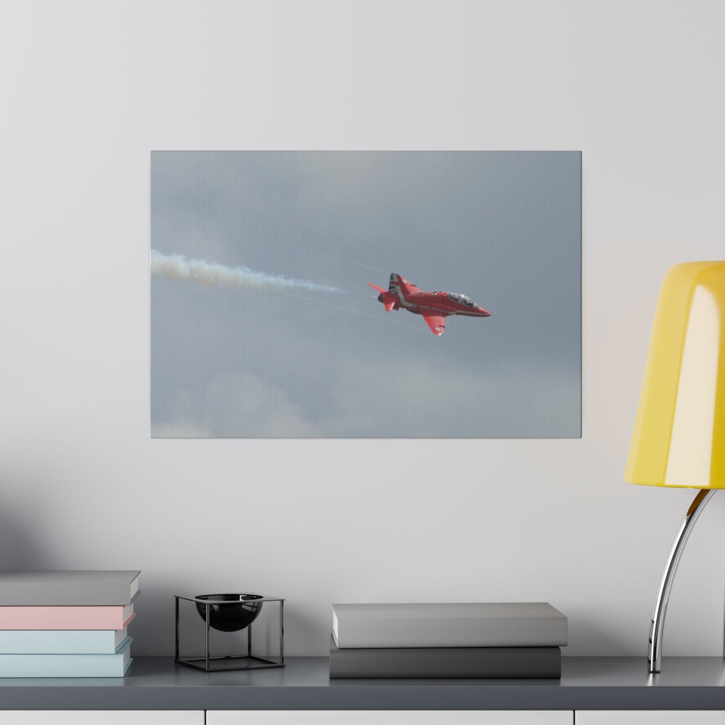 The Red Arrow Flying Right With White Smoke Close Up Canvas - The Trio Synergize Group