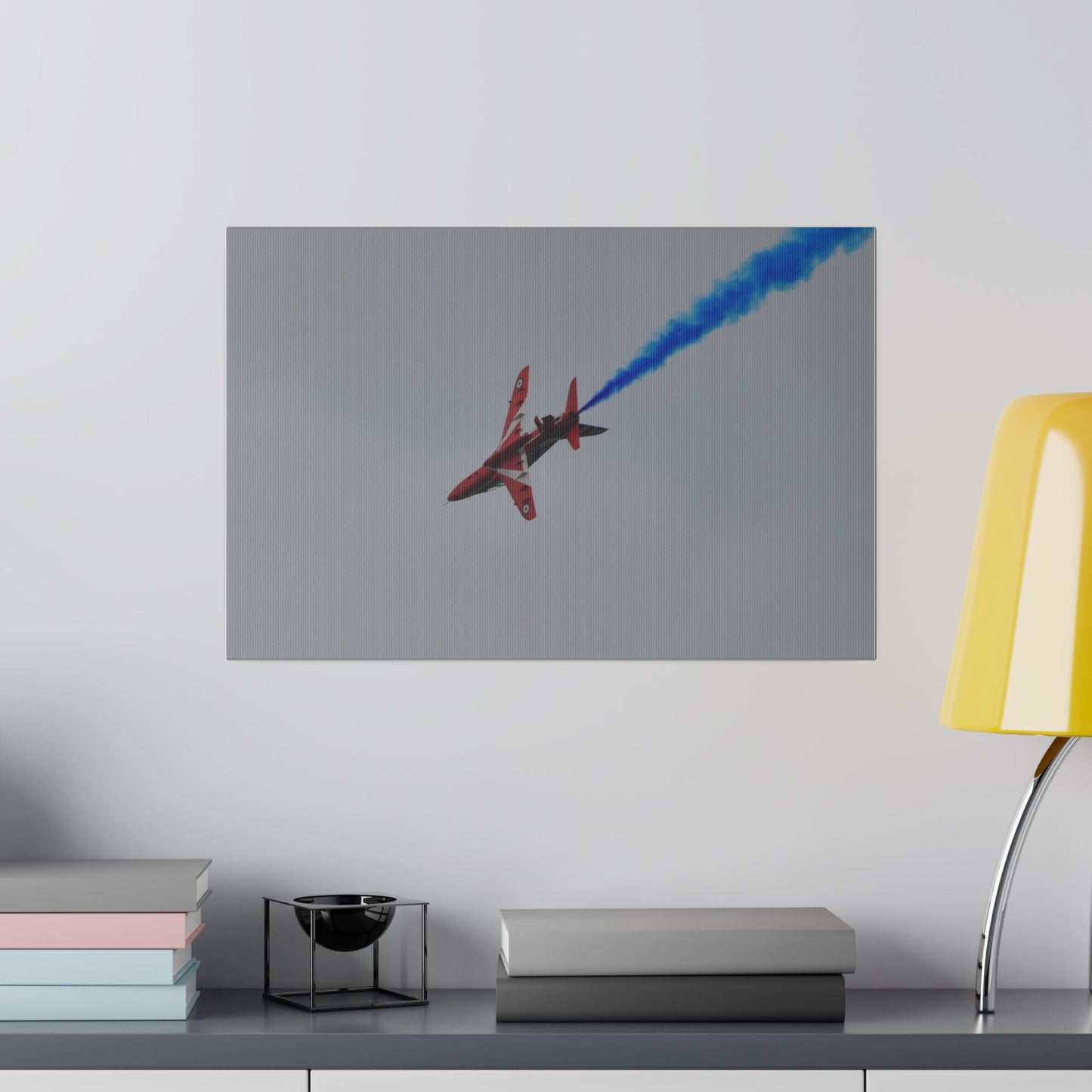 Red Arrow Sideways Descending Blue Smoke Canvas Close-Up! - The Trio Synergize Group