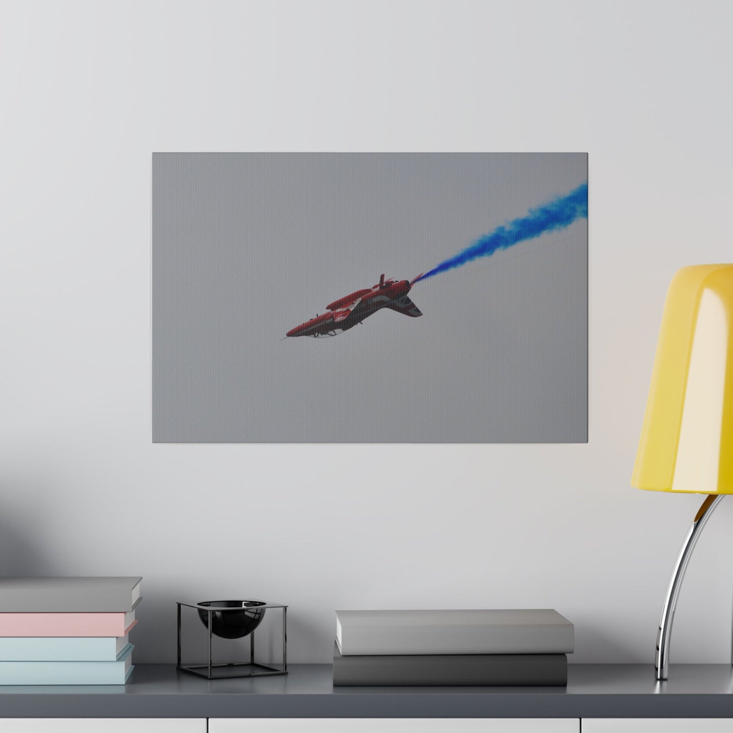 Red Arrow Upside Down Descent, Blue Smoke Canvas Close Up - The Trio Synergize Group