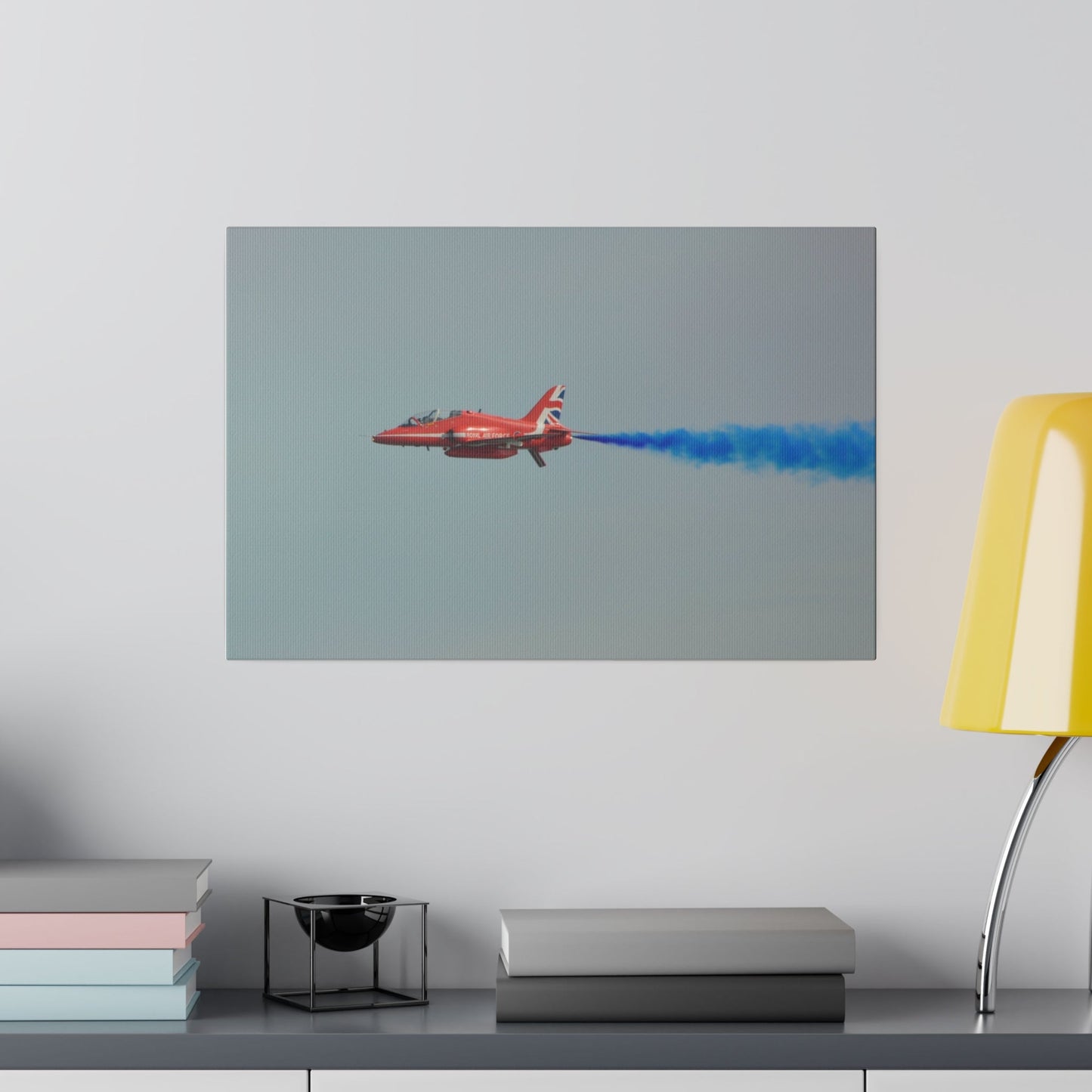 Red Arrow Flying Left With Blue Smoke Very Close Up Canvas - The Trio Synergize Group