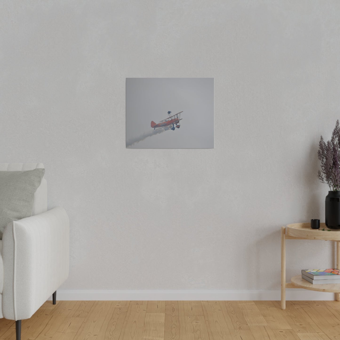 Single Wing Walker Flying From The Left With Side View Ascending, With Smoke And Person Laying Sideways Close Up, Matte Canvas, Stretched, 0.75" - The Trio Synergize Group