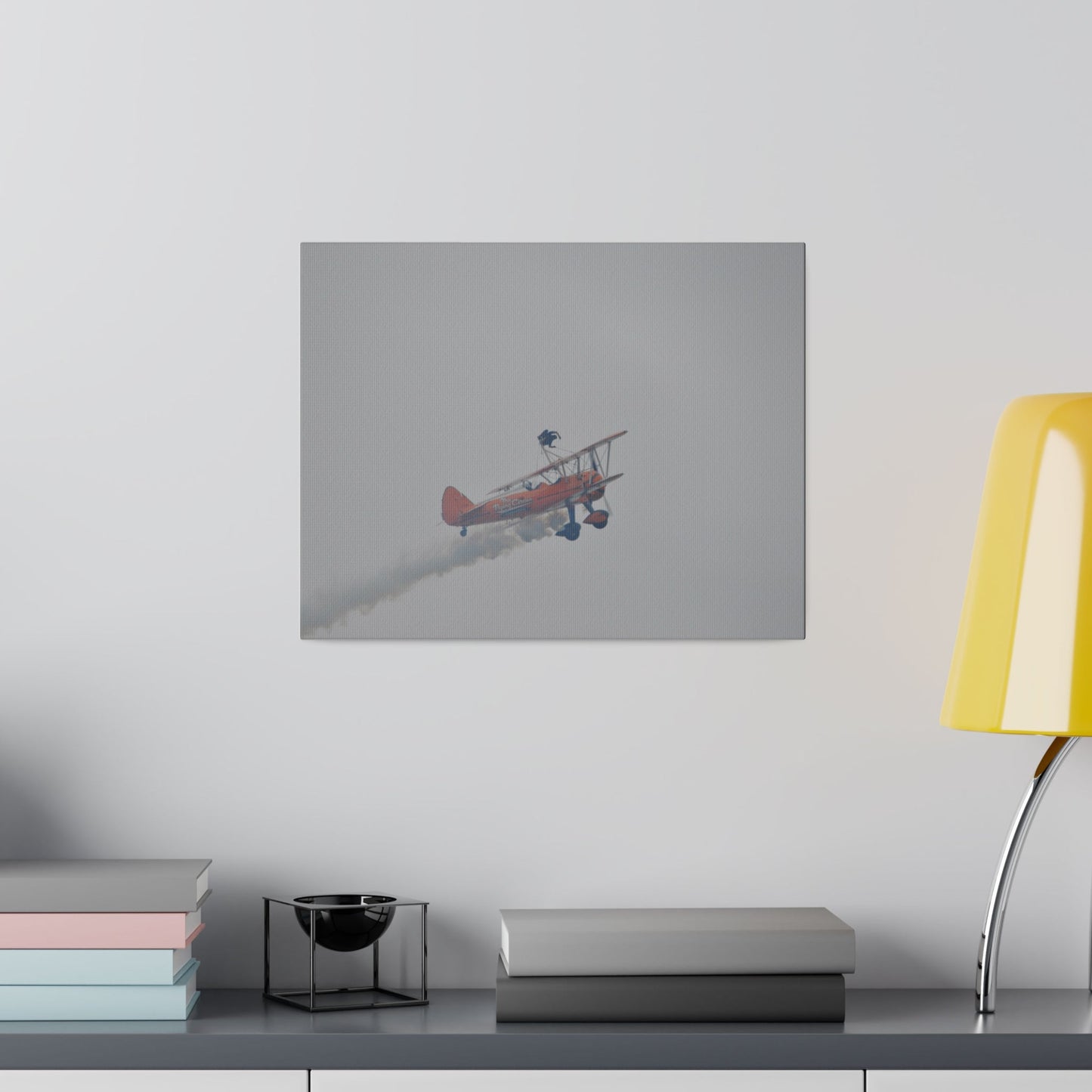 Single Wing Walker Flying From The Left With Side View Ascending, With Smoke And Person Laying Sideways Close Up, Matte Canvas, Stretched, 0.75" - The Trio Synergize Group