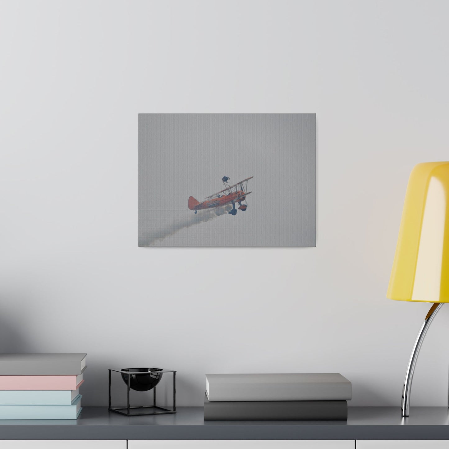 Single Wing Walker Flying From The Left With Side View Ascending, With Smoke And Person Laying Sideways Close Up, Matte Canvas, Stretched, 0.75" - The Trio Synergize Group